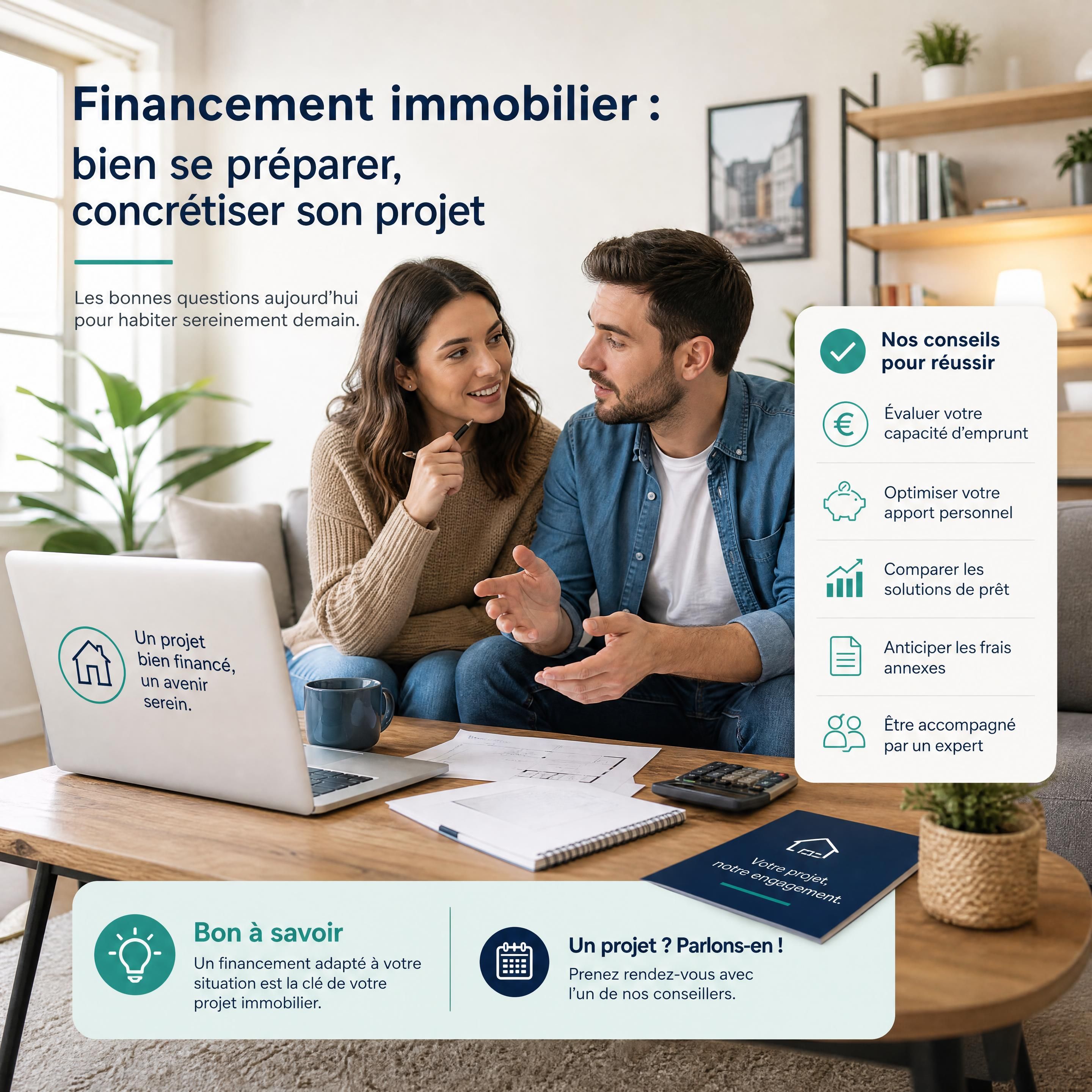 Couple de jeunes actifs discutant de leur financement immobilier dans un salon moderne