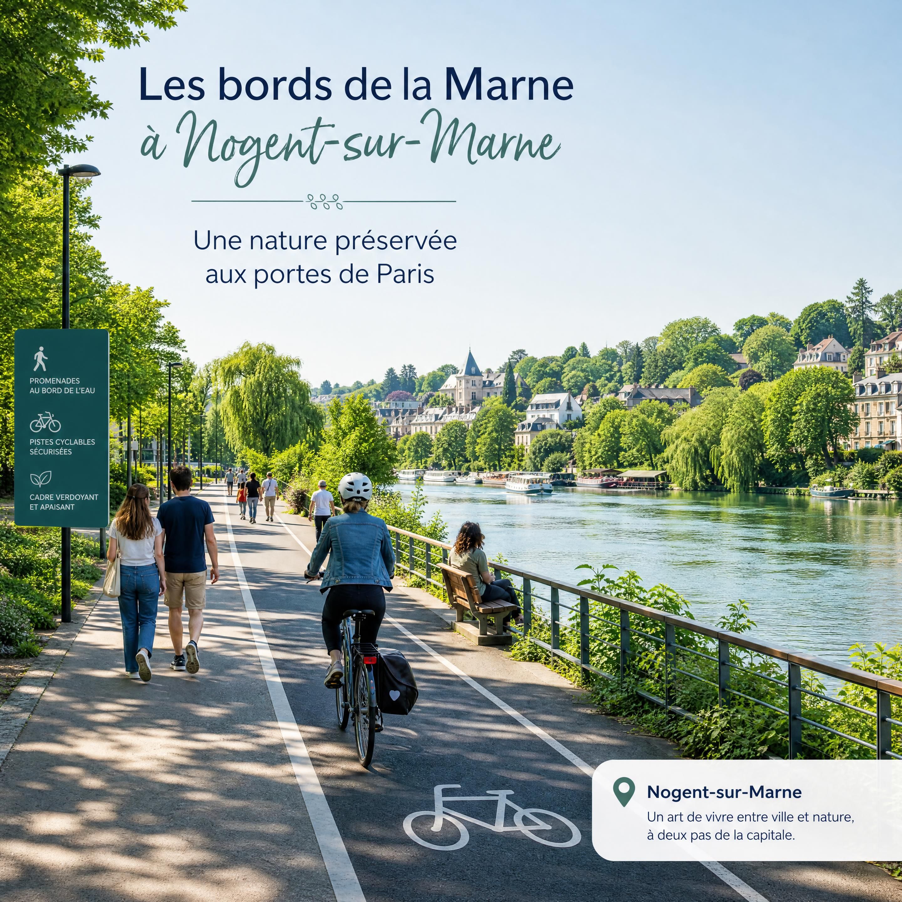 Les bords de la Marne à Nogent-sur-Marne avec les pistes cyclables et les promeneurs