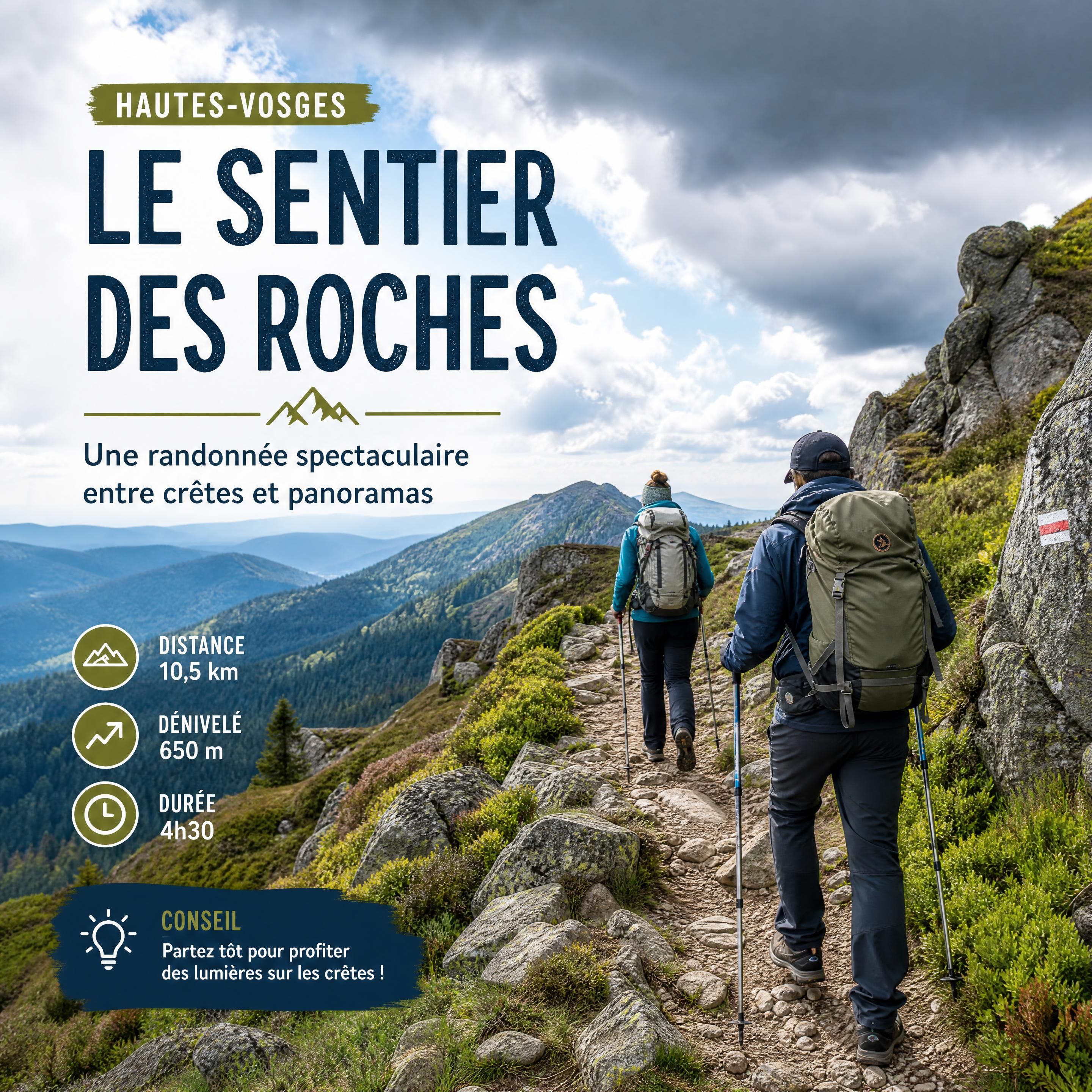 Randonneurs équipés progressant sur le sentier des Roches dans les Hautes-Vosges sous un ciel changeant