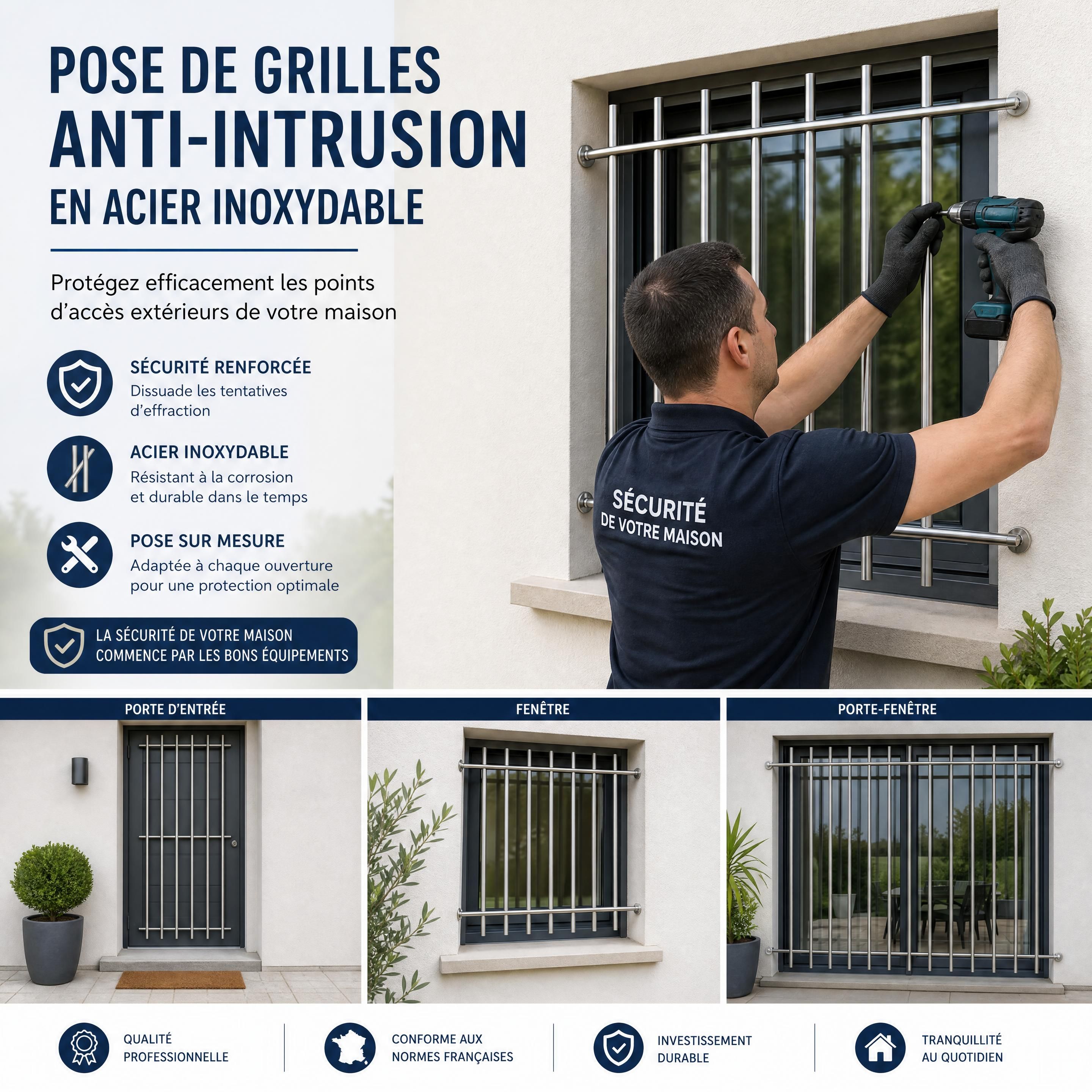 Pose de grilles anti-intrusion en acier inoxydable sur les points d'accès extérieurs d'une maison