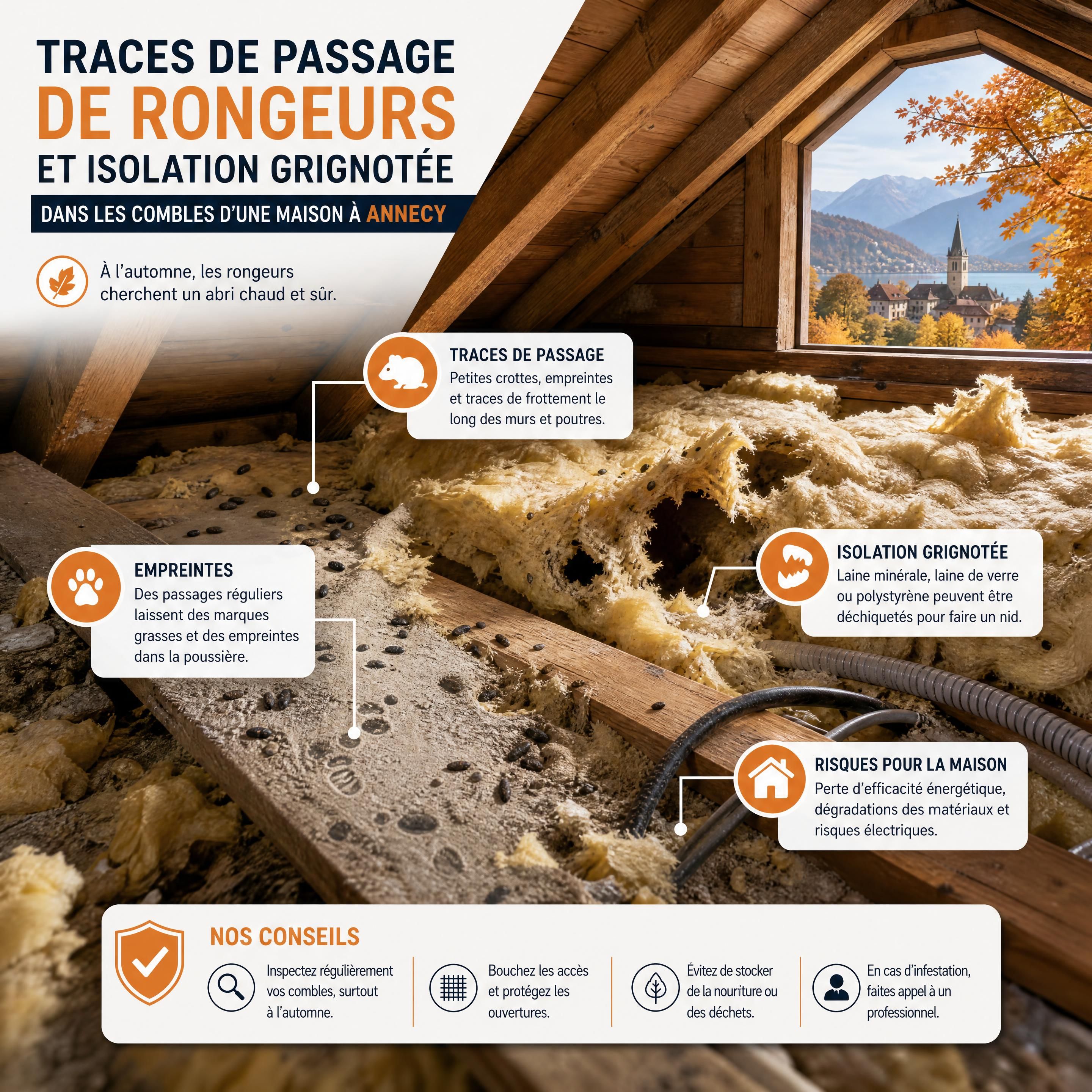 Traces de passage de rongeurs et isolation grignotée dans les combles d'une maison à Annecy à l'automne