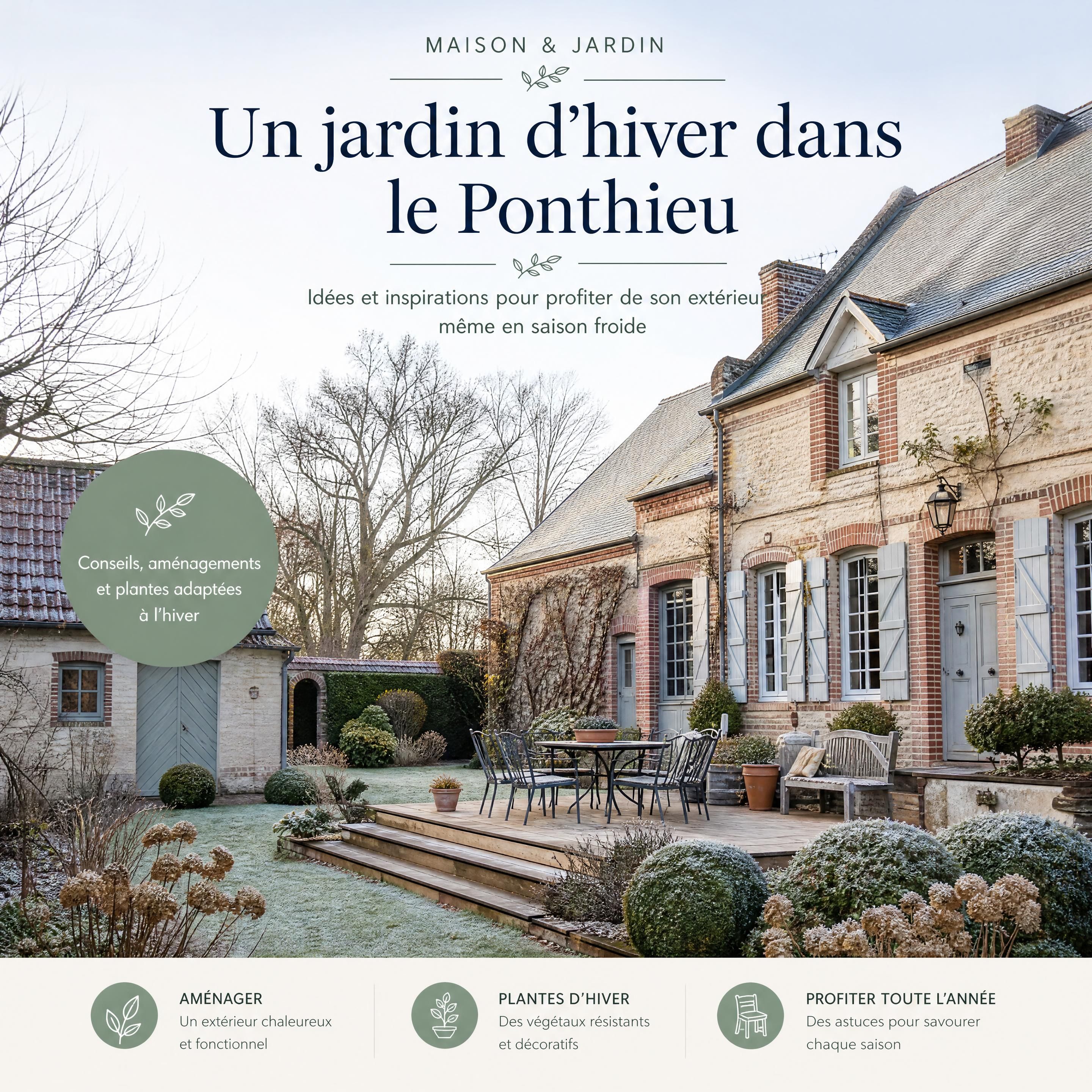 Jardin d’une maison ancienne dans le Ponthieu avec terrasse, dépendance et arbres en hiver