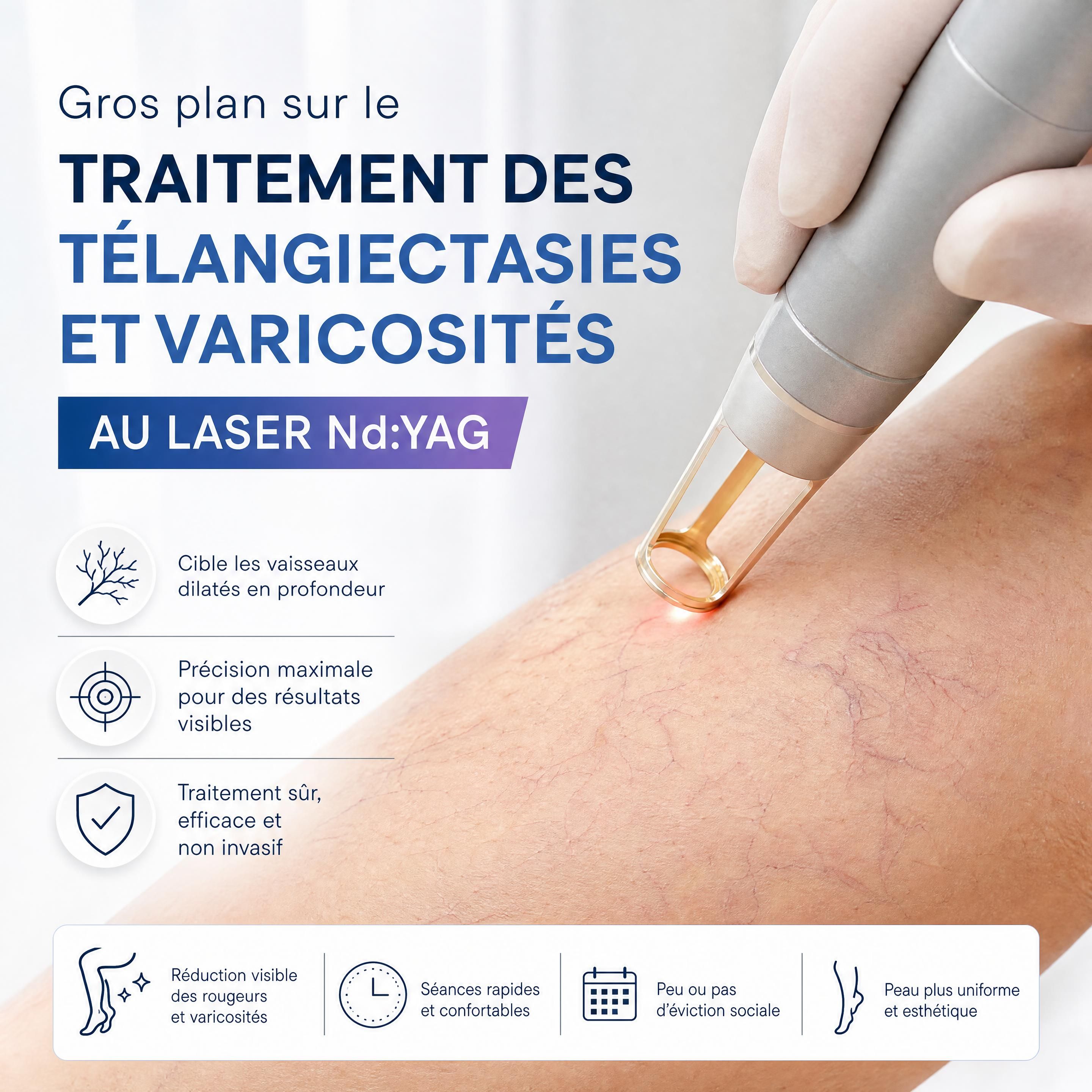 Gros plan sur le traitement des télangiectasies et varicosités au laser Nd:YAG