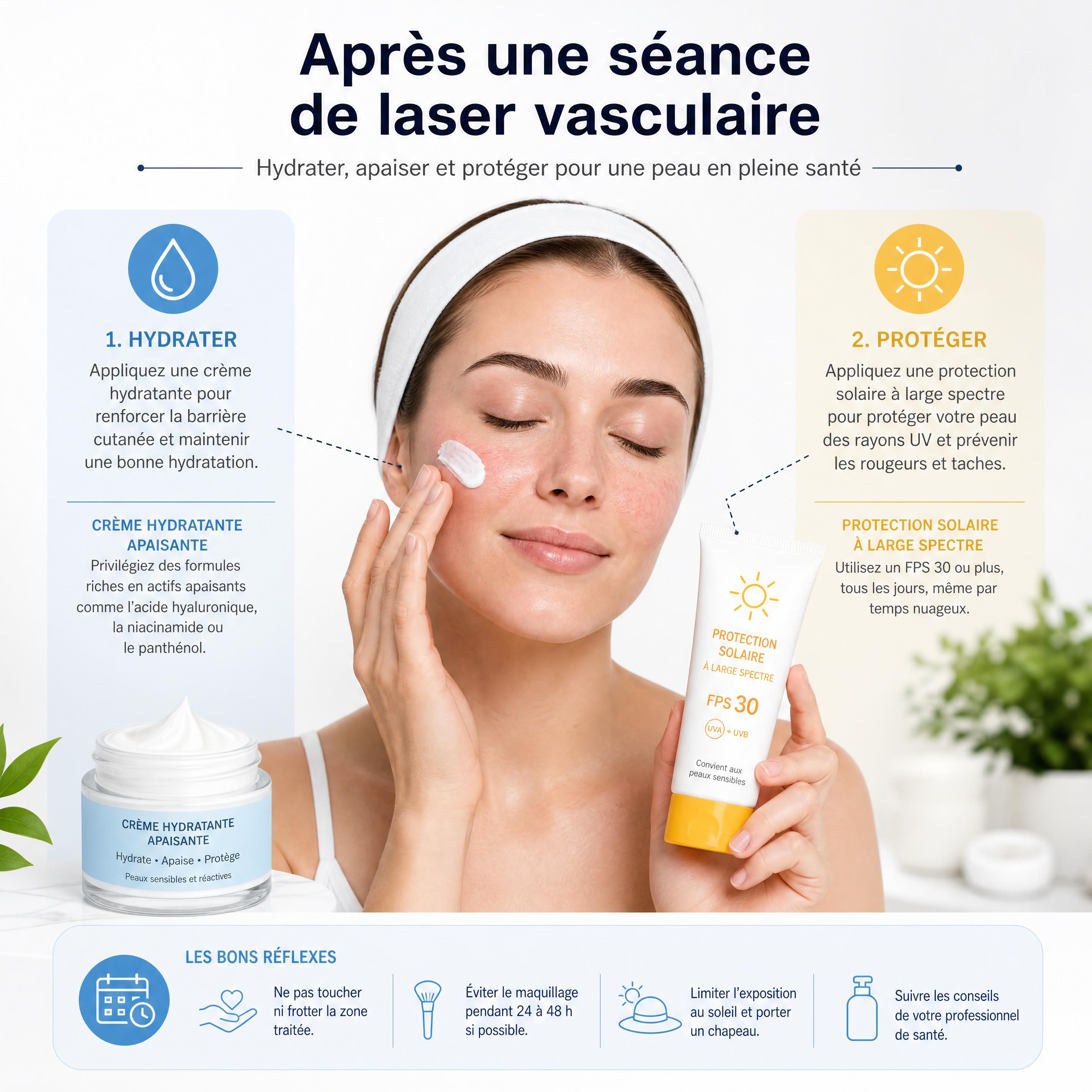 Application d'une crème hydratante apaisante et d'une protection solaire après une séance de laser vasculaire