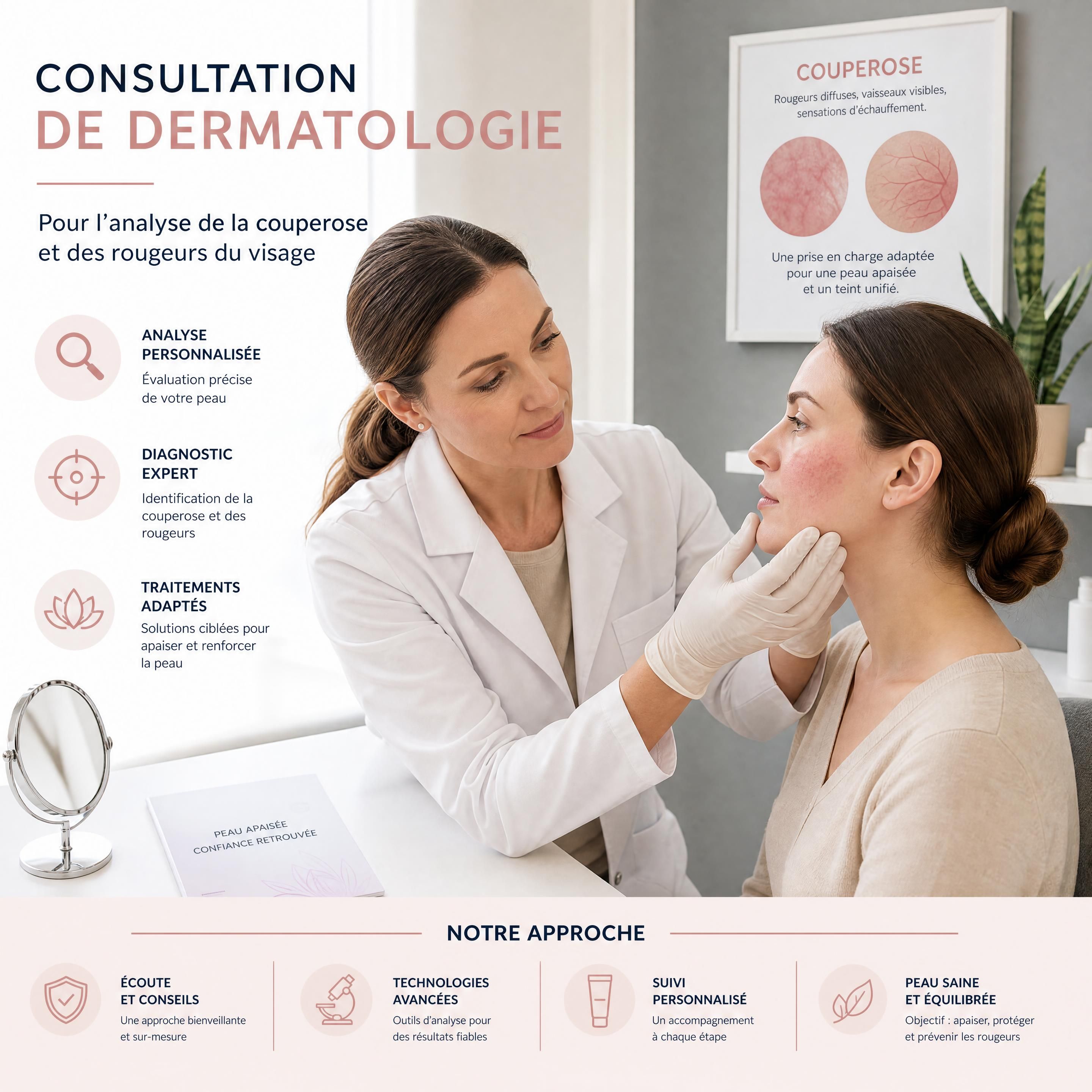 Consultation de dermatologie pour l'analyse de la couperose et des rougeurs du visage