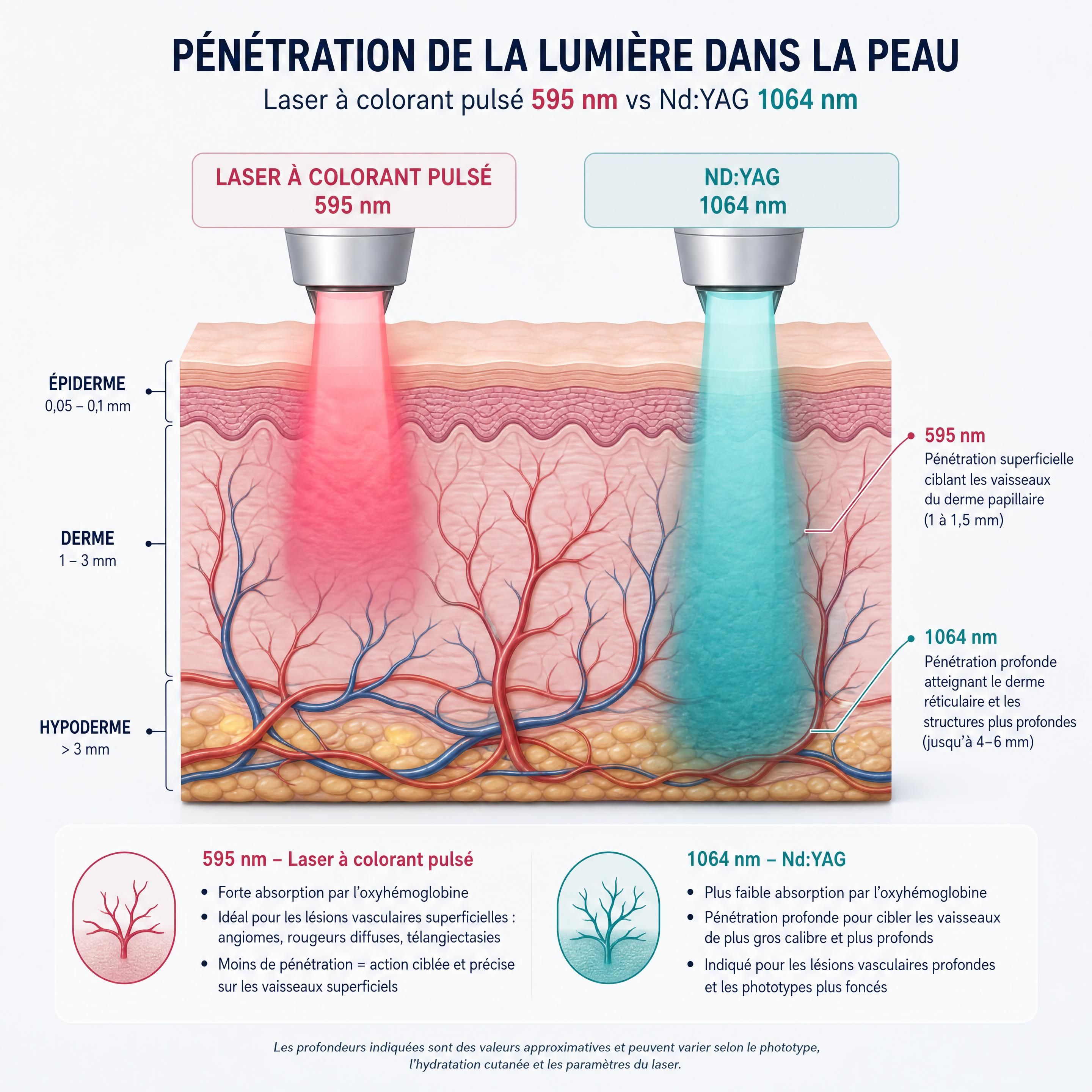 Schéma de pénétration de la lumière dans la peau pour le laser à colorant pulsé 595 nm et le Nd:YAG 1064 nm