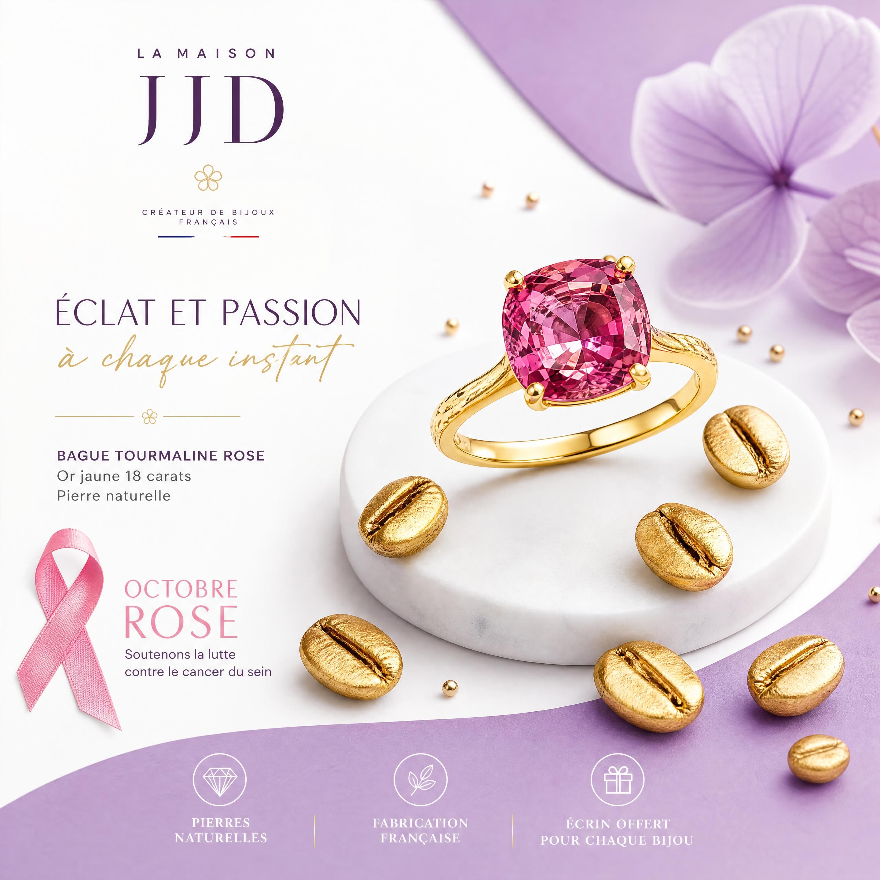 Une composition lumineuse de bijoux La Maison JJD sur fond blanc et parme, mettant en valeur une bague en or doré vif ornée d'une tourmaline rose éclatante pour Octobre Rose, entourée de grains de café dorés.