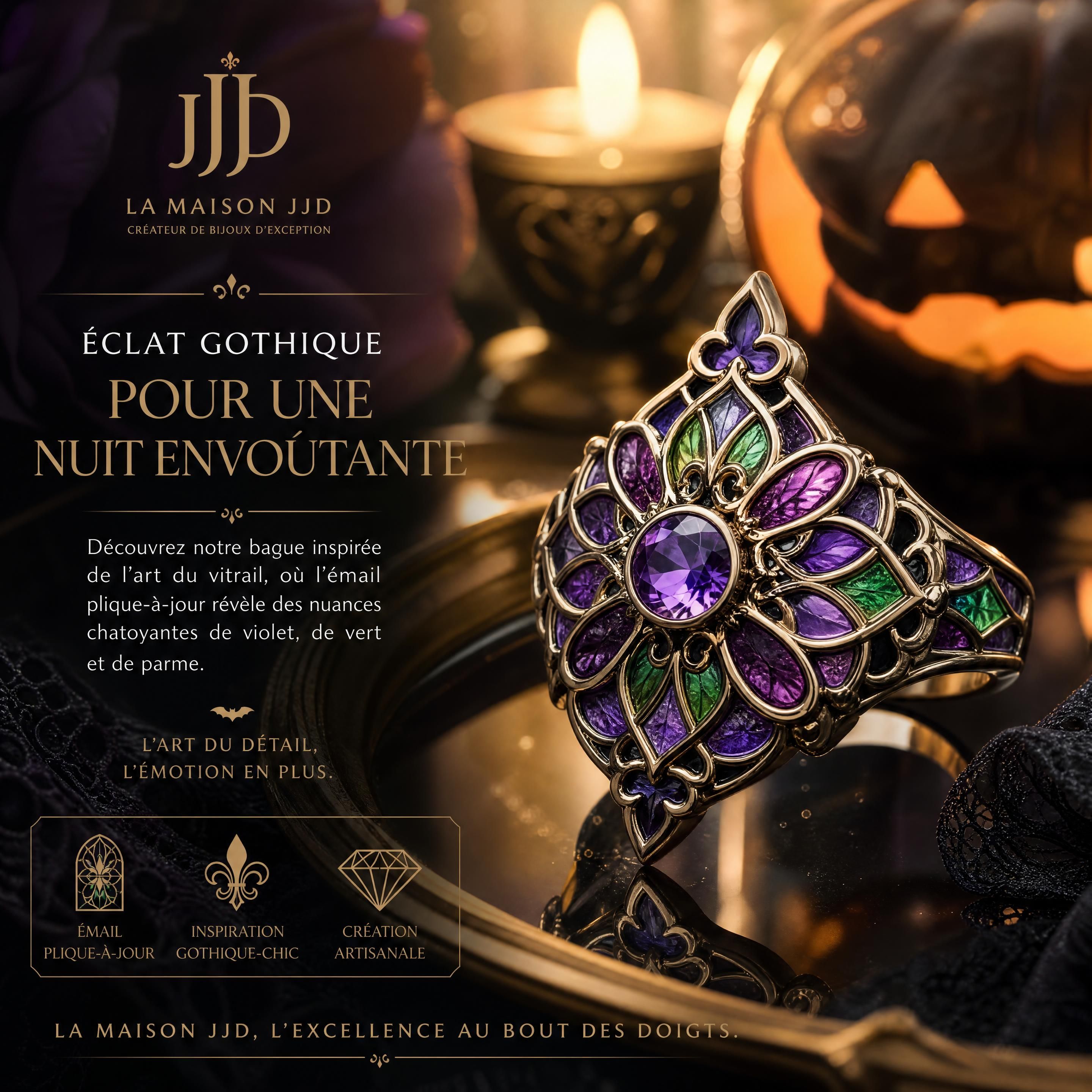 Une bague d'inspiration gothique-chic de La Maison JJD, utilisant la technique du vitrail (émail plique-à-jour) aux nuances de violet chatoyant, vert et parme, brillant sous une lumière dorée pour Halloween.