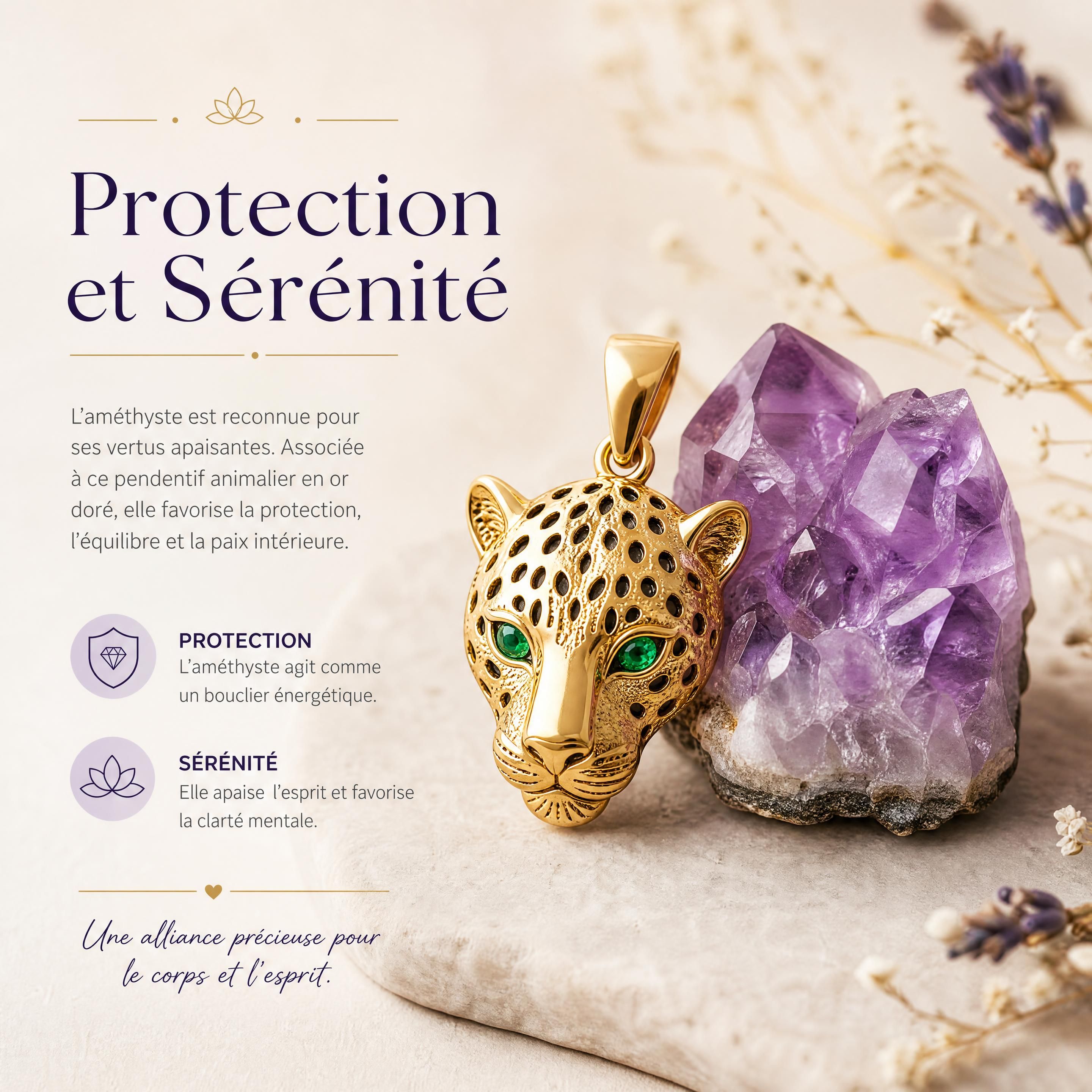 Un pendentif animalier sculpté en or doré vif avec des yeux en petites touches de vert émeraude, posé délicatement à côté d'une améthyste d'un violet chatoyant, symbolisant la protection et la sérénité.