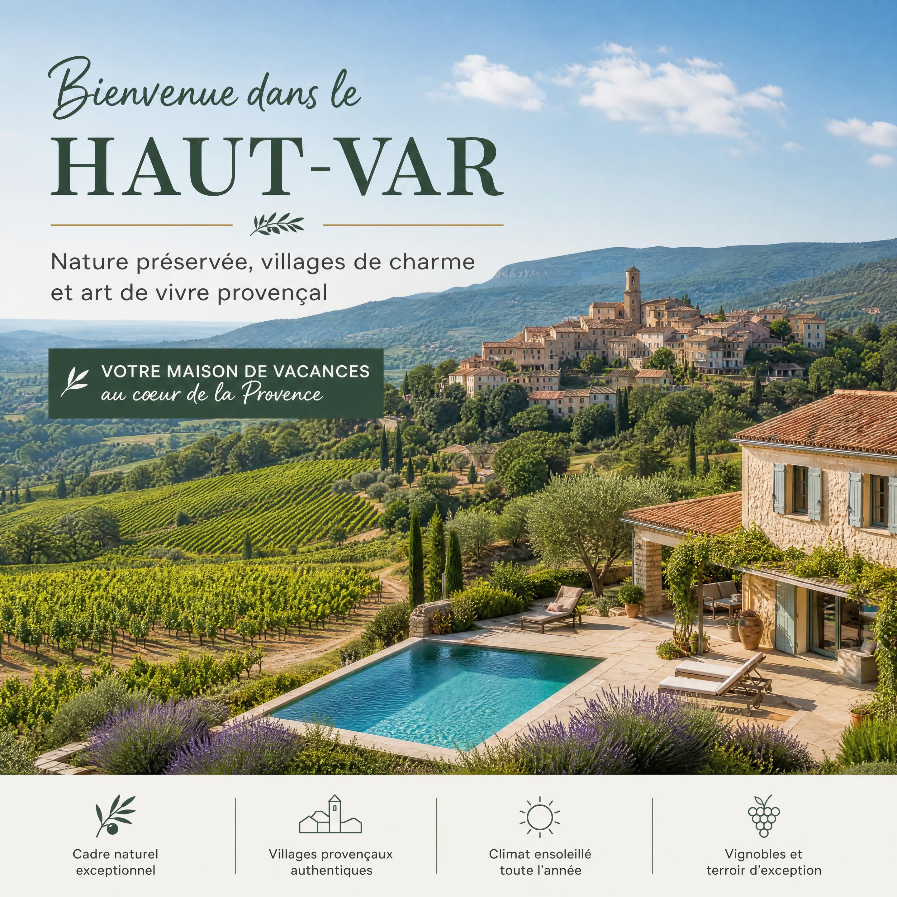 Vue panoramique du Haut-Var avec village provençal, vignes et maison de vacances avec piscine