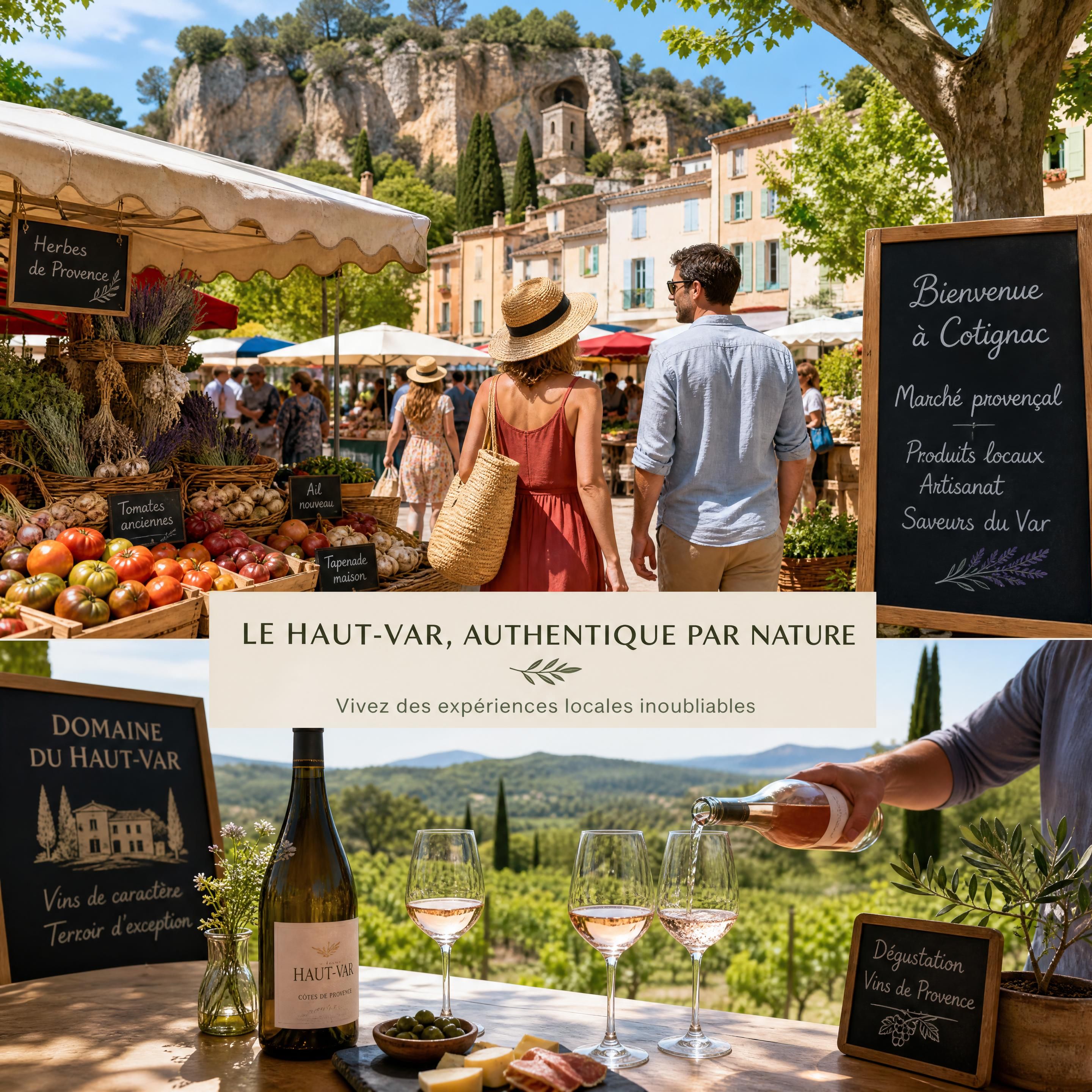 Voyageurs découvrant un marché provençal à Cotignac ou une dégustation dans un domaine viticole du Haut-Var