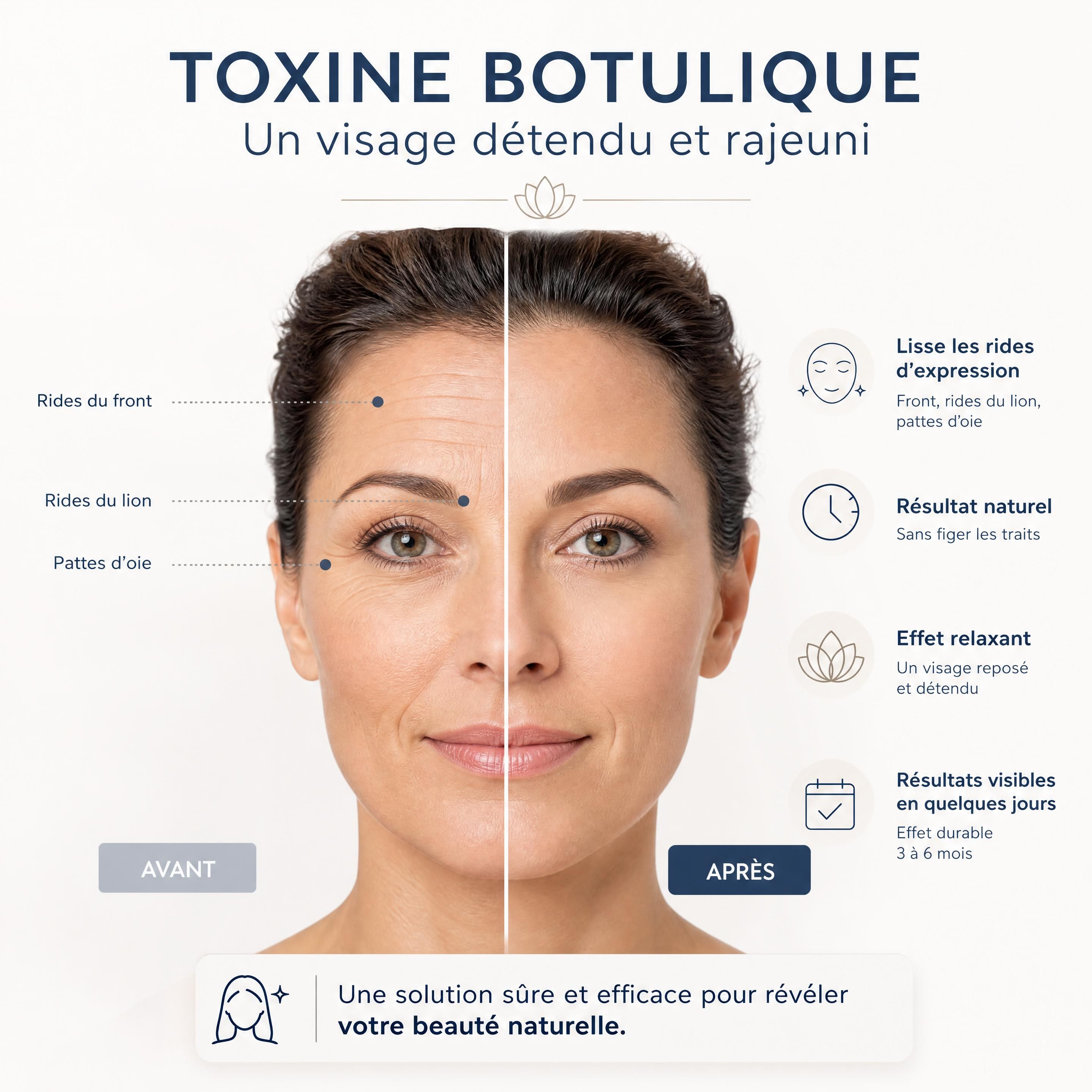 Représentation d'un visage détendu et rajeuni après un traitement de toxine botulique
