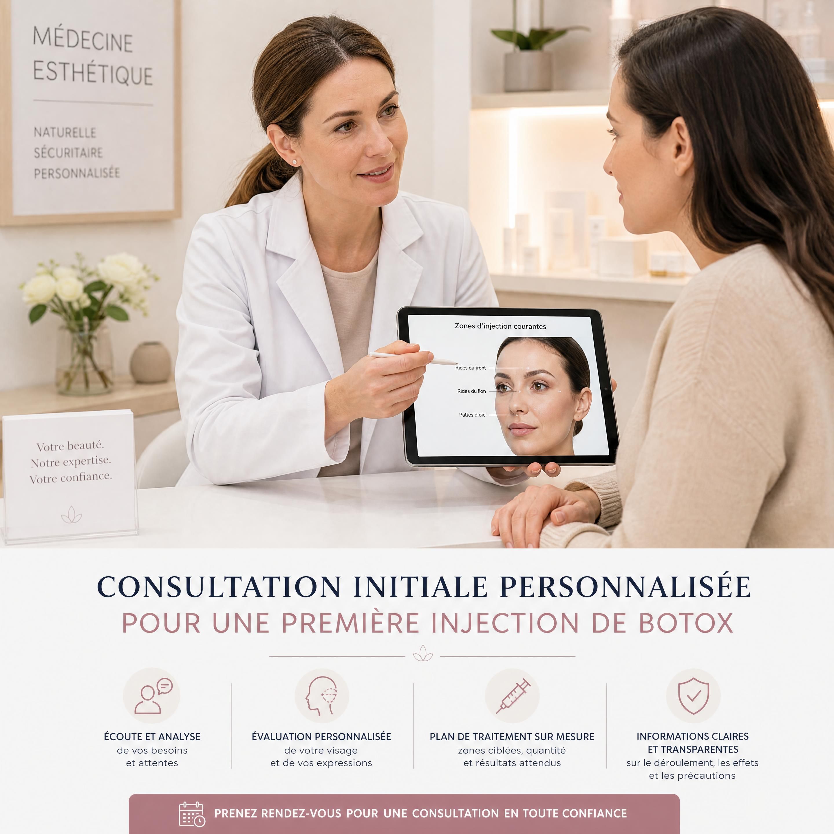 Consultation initiale personnalisée pour une première injection de Botox