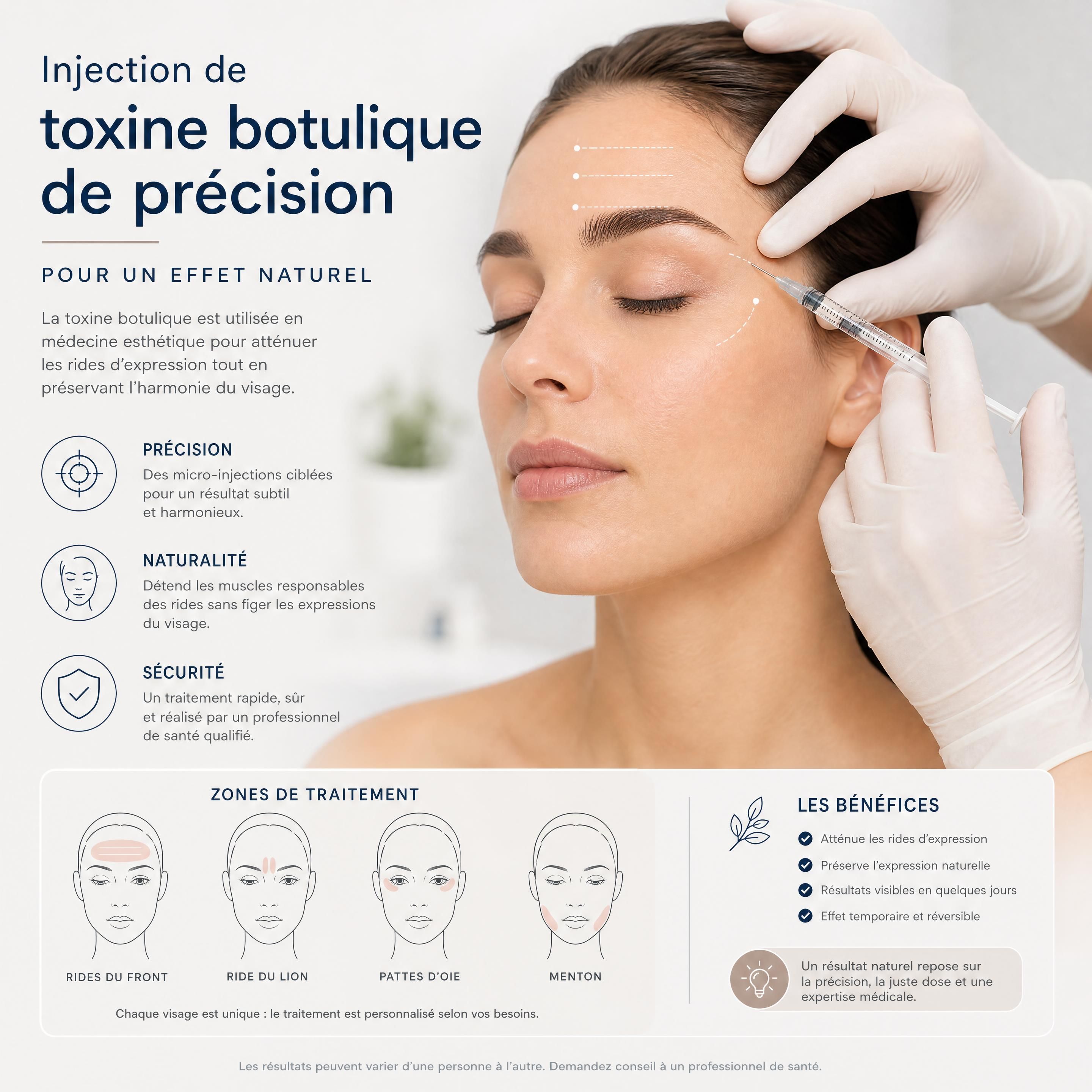 Illustration médicale d'une injection de toxine botulique de précision sur le visage pour un effet naturel