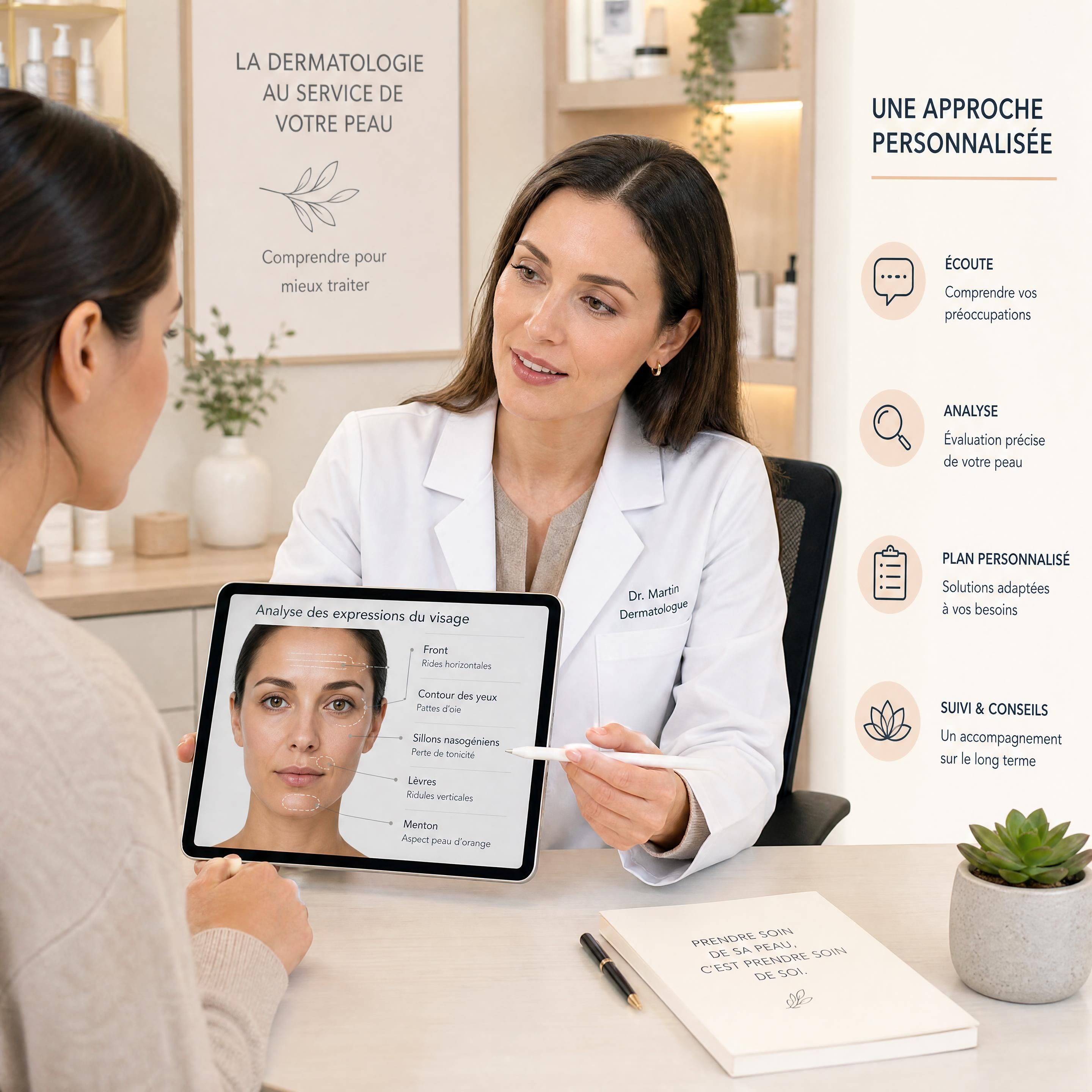Consultation personnalisée entre une dermatologue et son patient analysant les expressions du visage