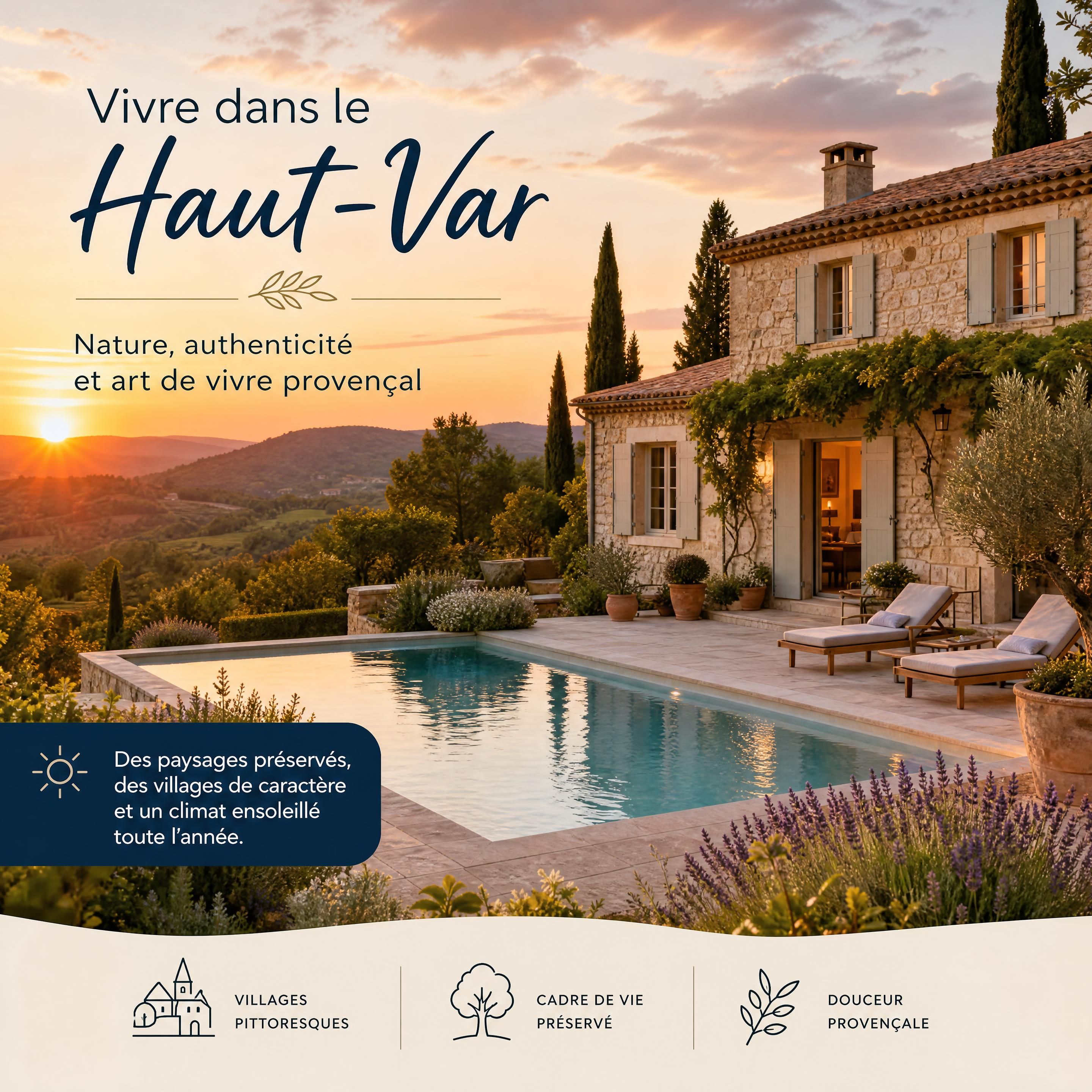 Villa provençale avec piscine dans le Haut-Var au coucher du soleil