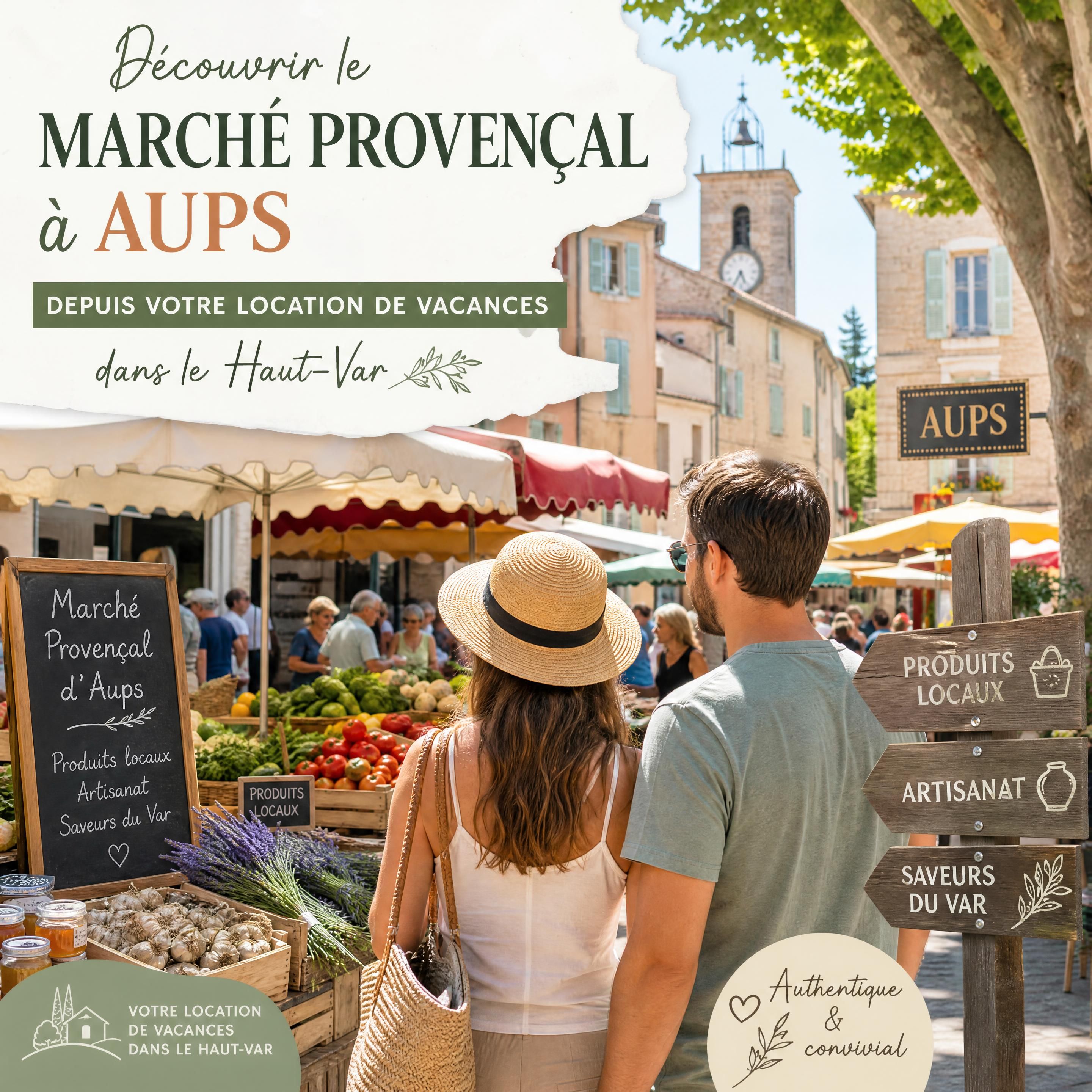 Couple découvrant un marché provençal à Aups depuis une location de vacances du Haut-Var