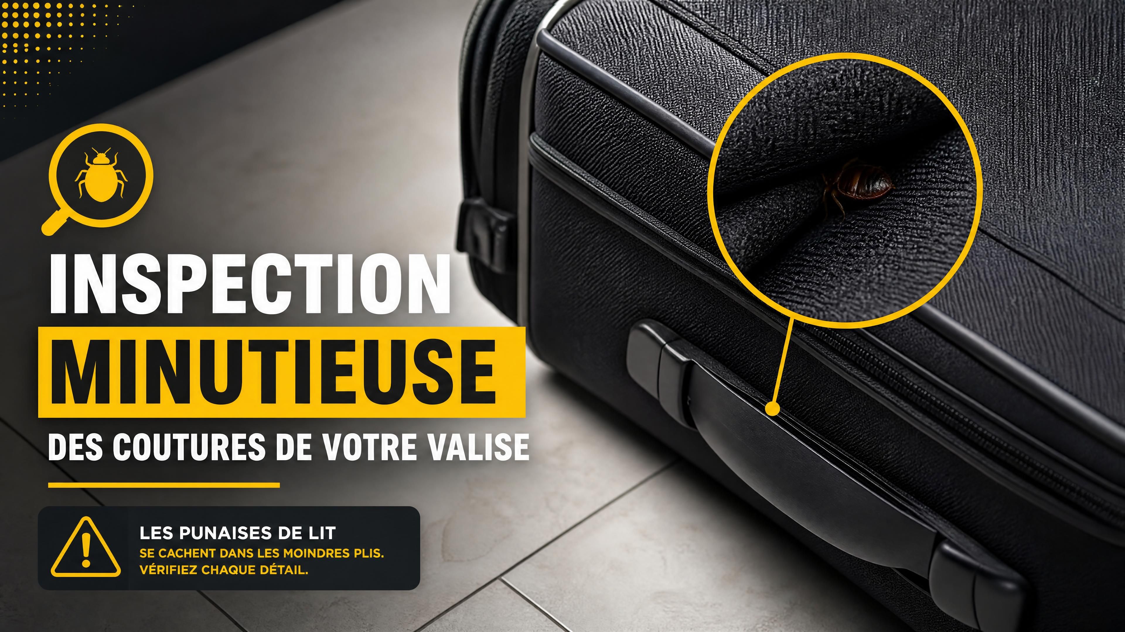 inspection minutieuse des coutures d’une valise posée sur un sol carrelé, punaise de lit réaliste visible dans un pli, sans personne, couleurs noir anthracite jaune et blanc, format horizontal 1200 x 630
