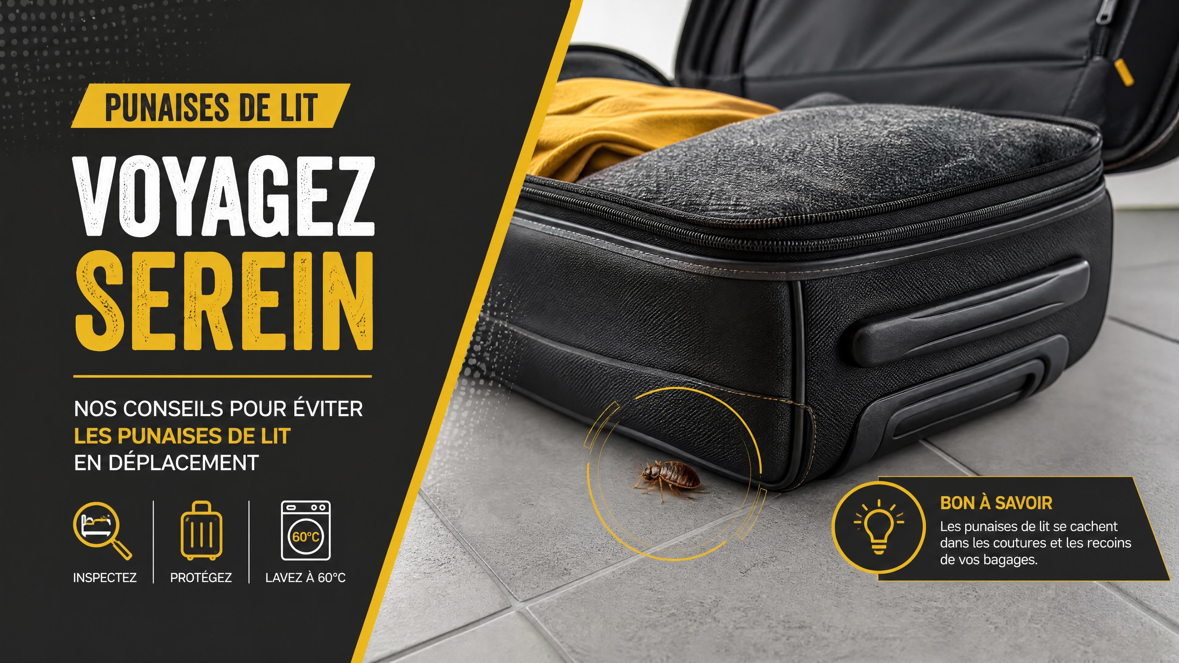 valise ouverte sur une surface carrelée avec une punaise de lit réaliste près d’une couture, ambiance graphique noir anthracite jaune et blanc, format horizontal 1200 x 630