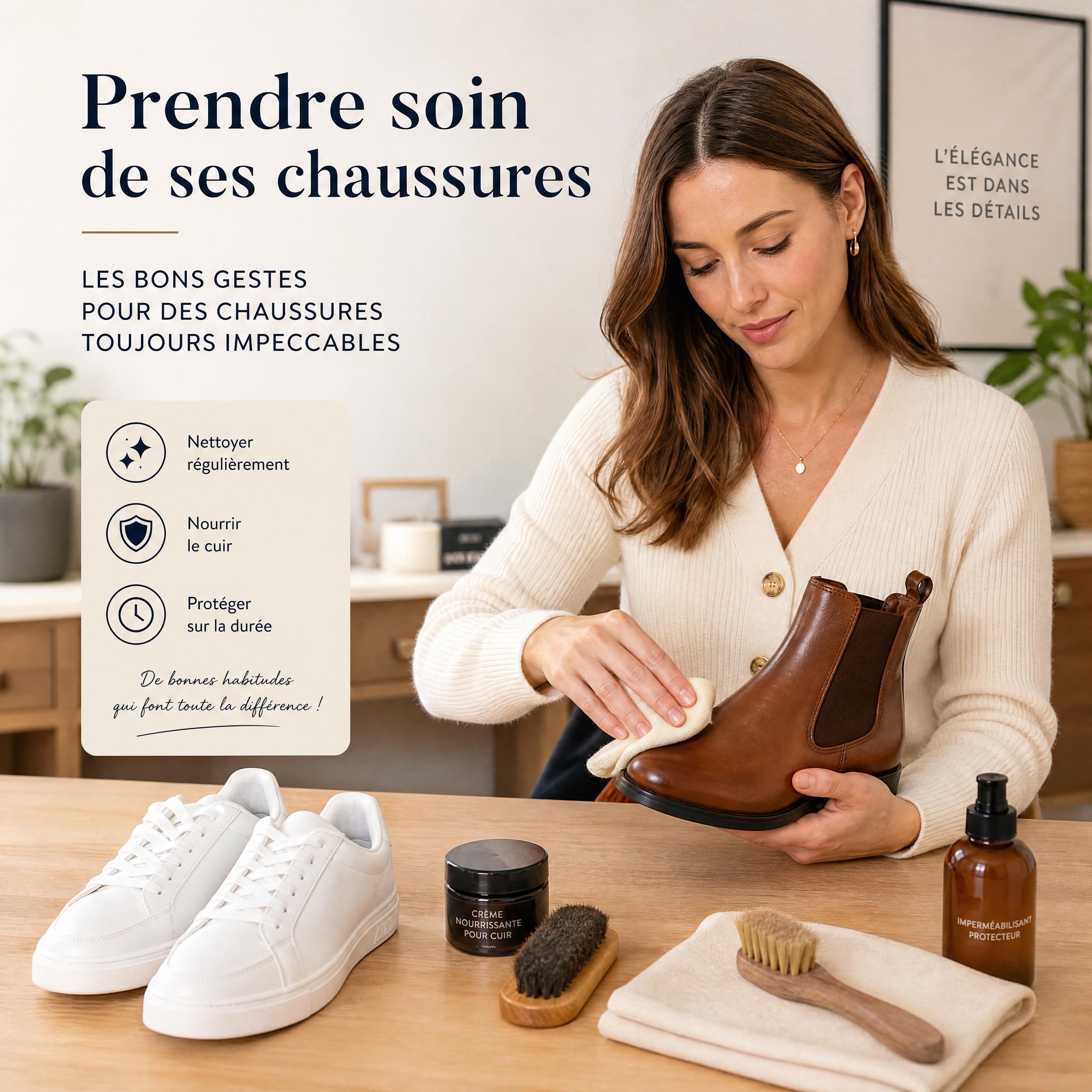 Une femme élégante qui cire ses bottines en cuir marron à côté d'une paire de baskets blanches impeccables sur une table en bois clair