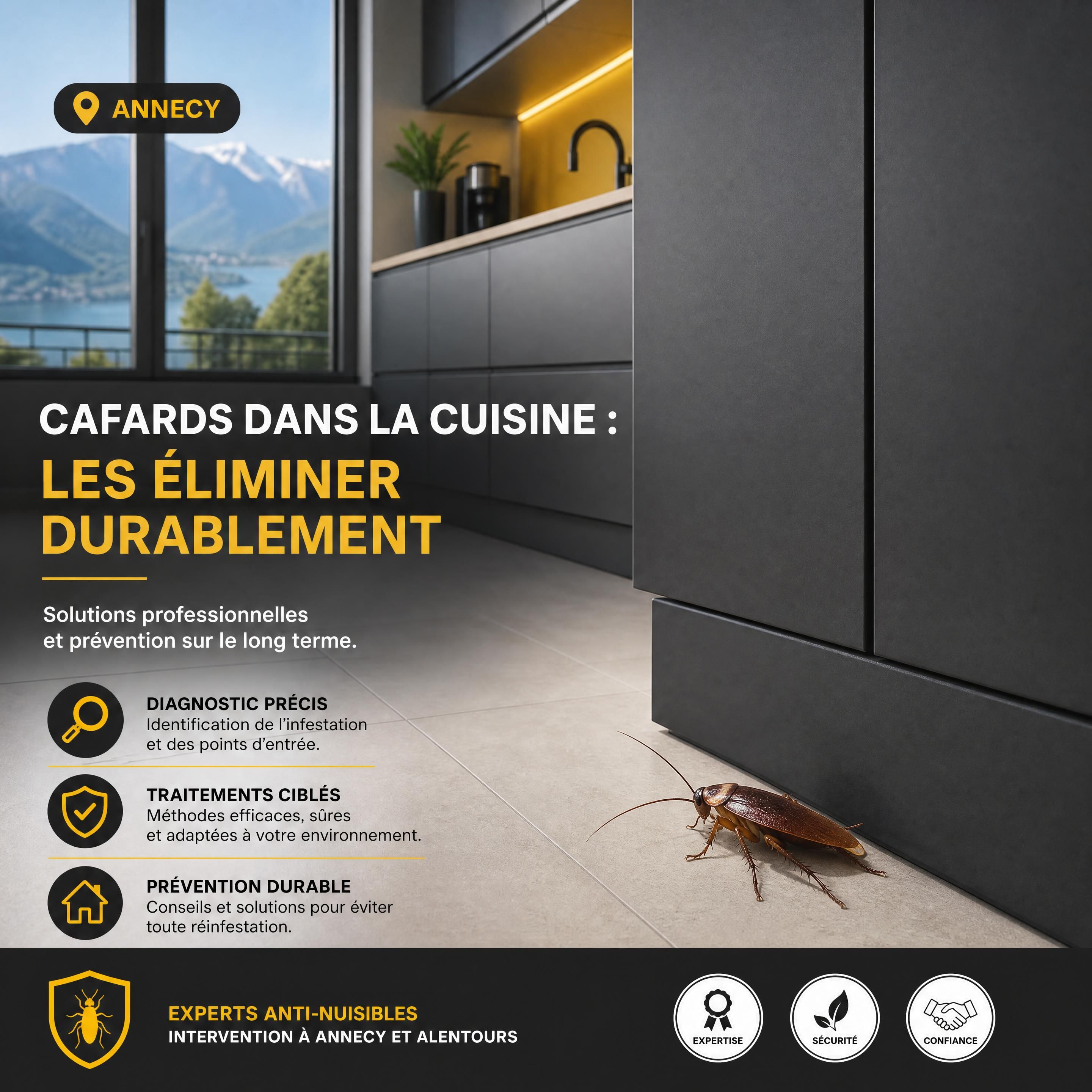 Cafard réaliste près de la plinthe d’une cuisine moderne à Annecy, ambiance sobre noir anthracite jaune et blanc, sans personne ni aliment contaminé
