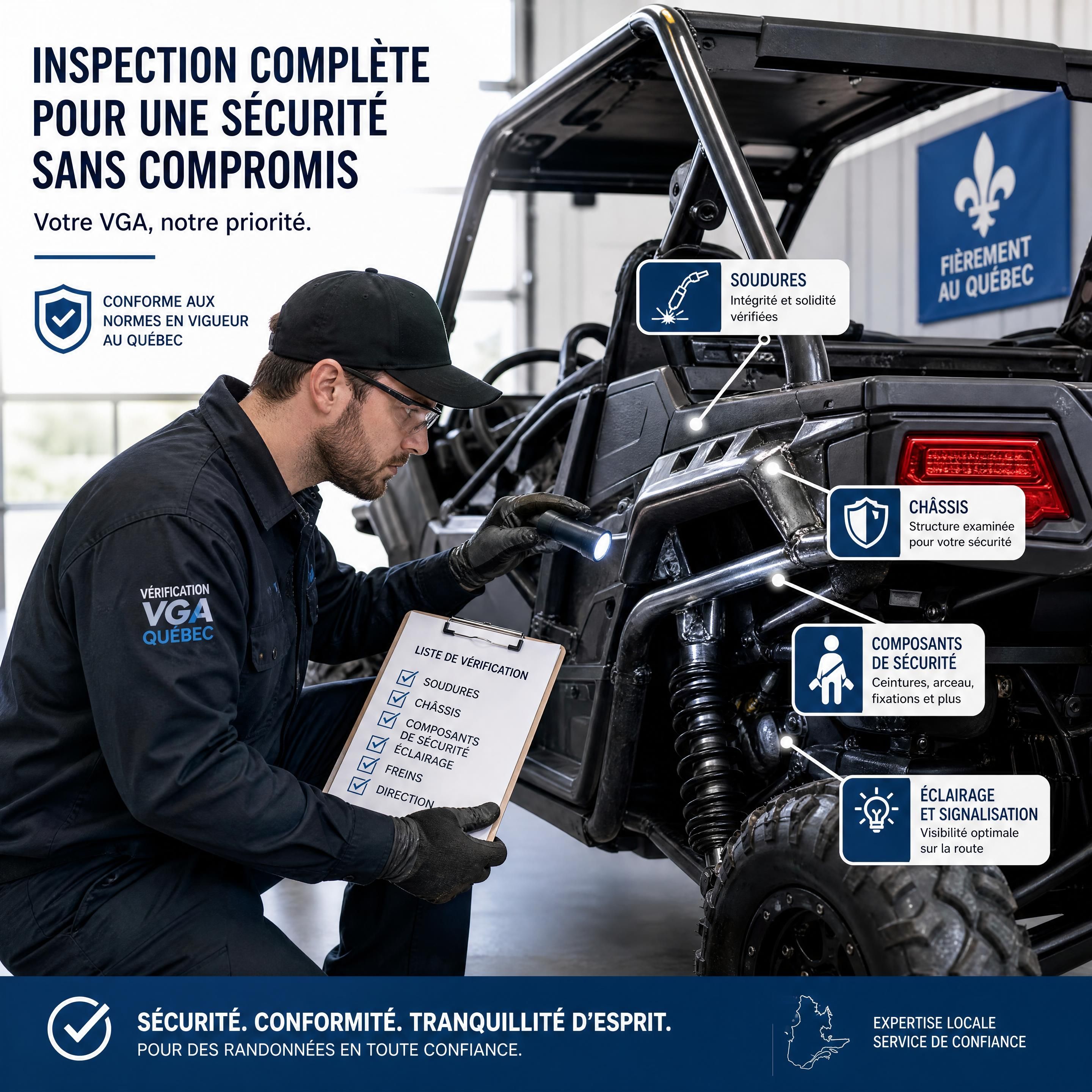 Technicien inspectant les soudures, le châssis et les composants de sécurité d’un véhicule VGA au Québec