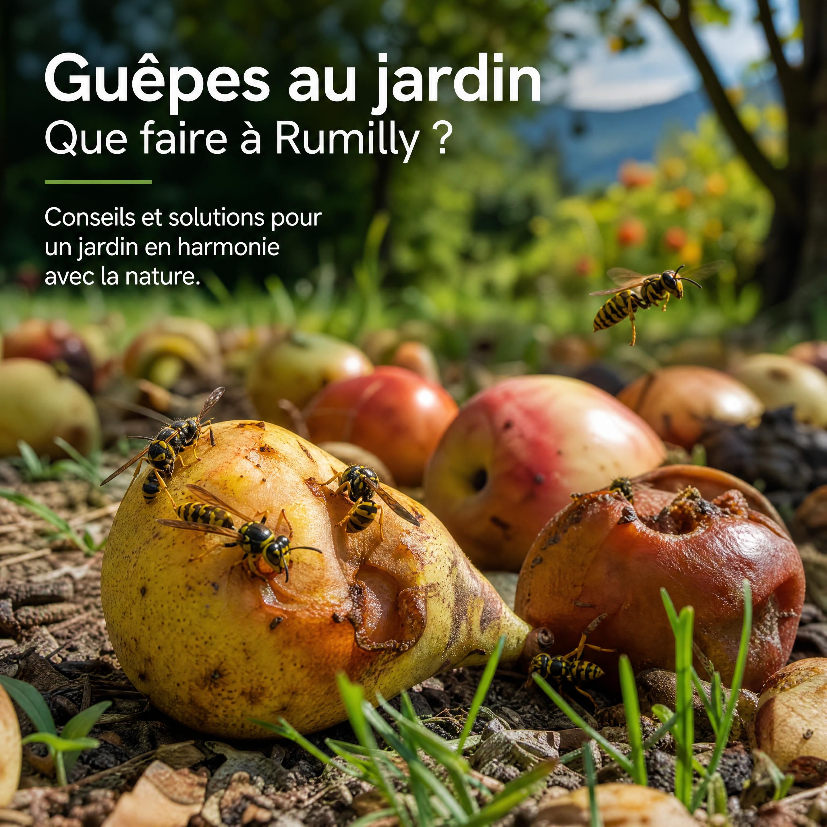 Guêpes de taille réaliste autour de fruits tombés dans un jardin à Rumilly, sans personne ni équipement visible