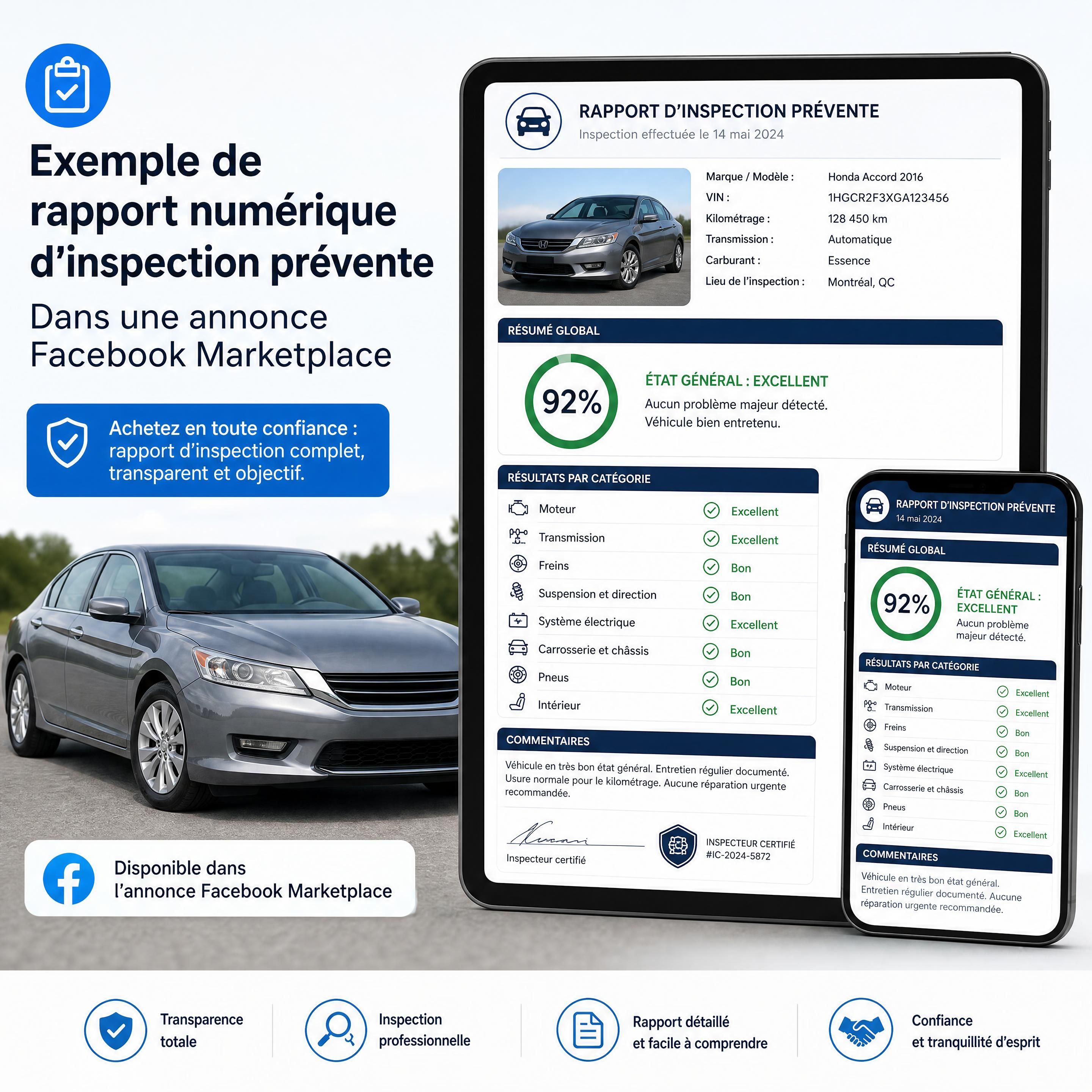 Exemple de rapport numérique d’inspection prévente présenté dans une annonce Facebook Marketplace pour une voiture usagée