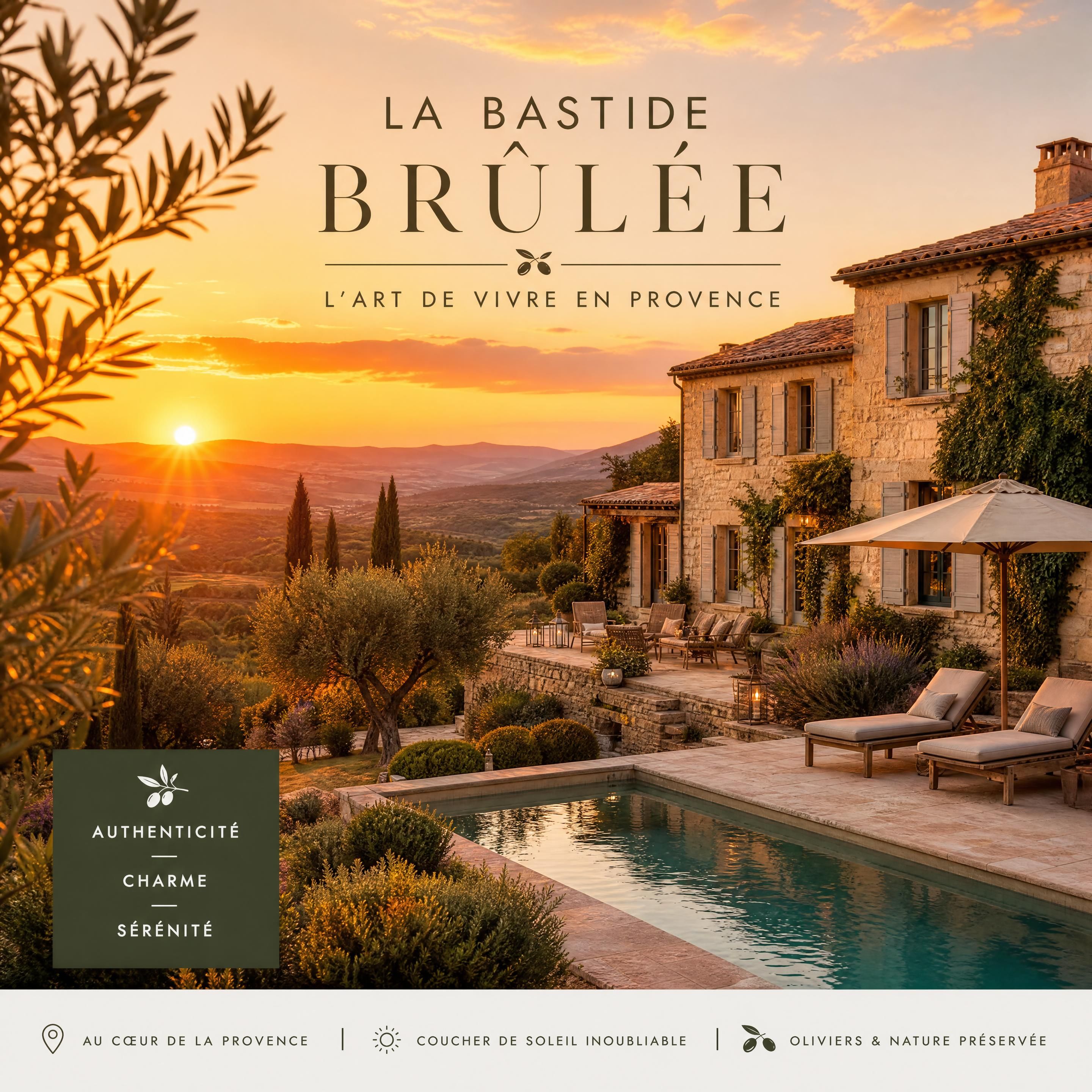 La Bastide Brûlée au coucher du soleil avec ses oliviers, sa piscine et la lumière dorée de la Provence