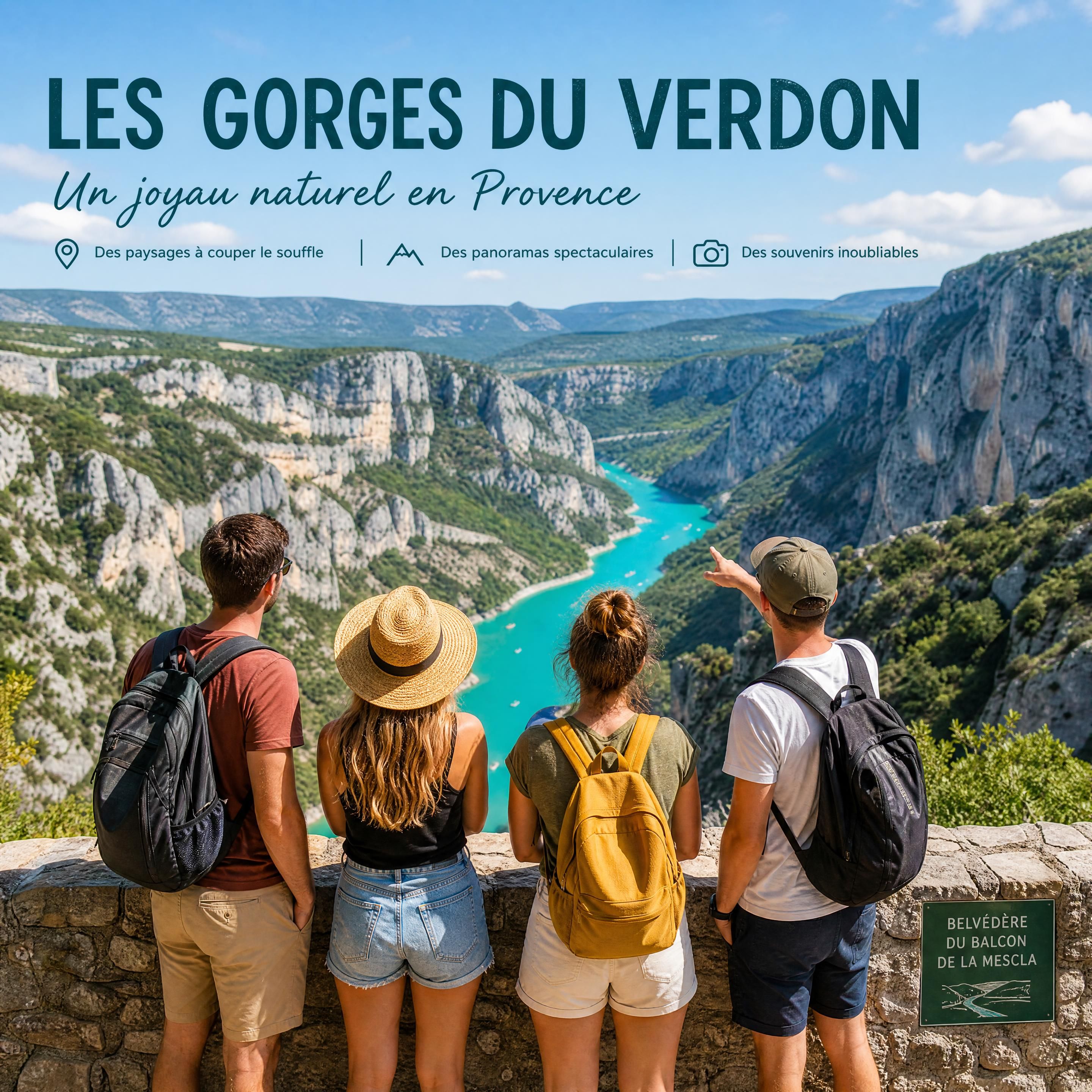 Groupe d’amis contemplant les paysages turquoise des Gorges du Verdon depuis un belvédère
