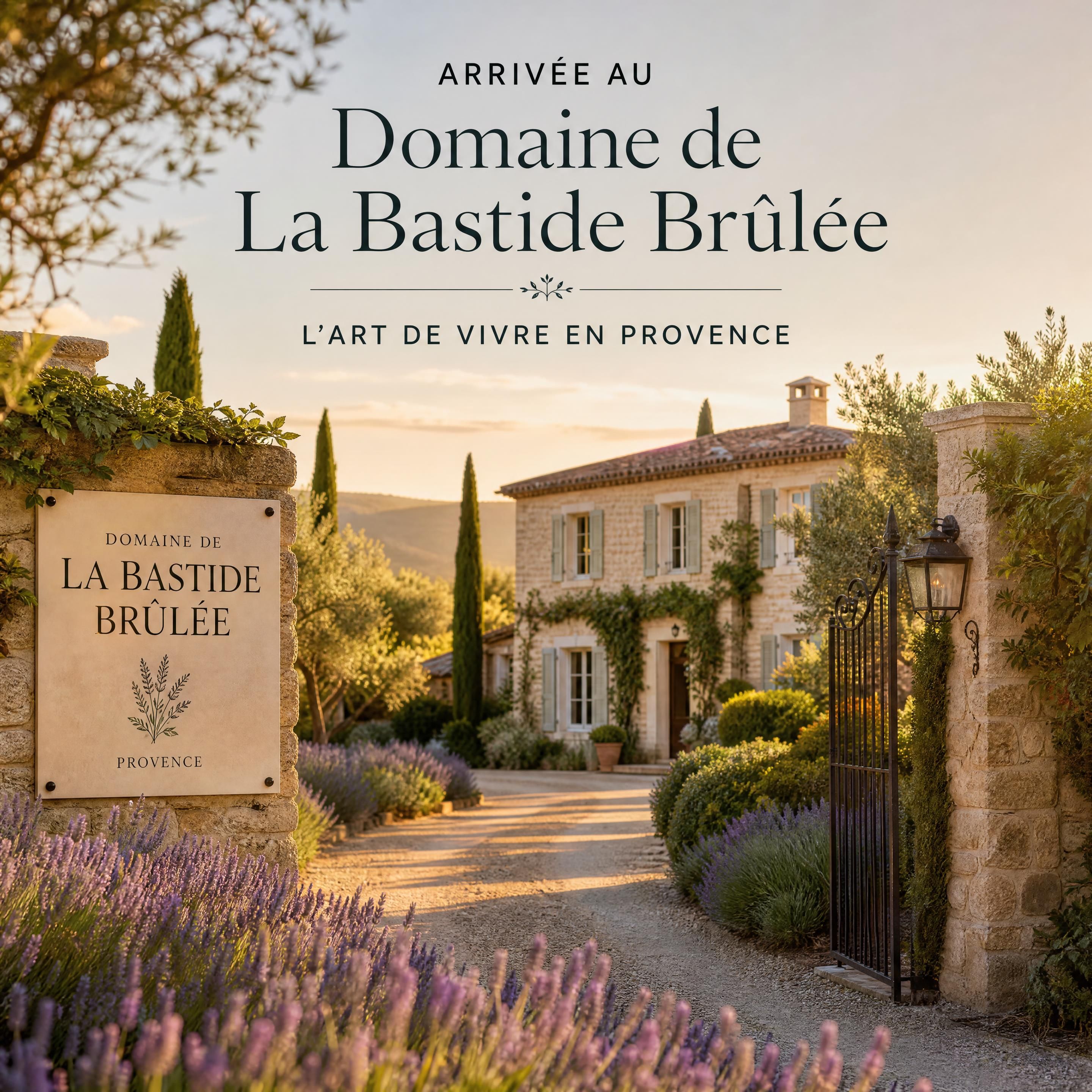 Arrivée au Domaine de La Bastide Brûlée dans la lumière dorée de Provence, bastide en pierre entourée de lavande et de végétation méditerranéenne
