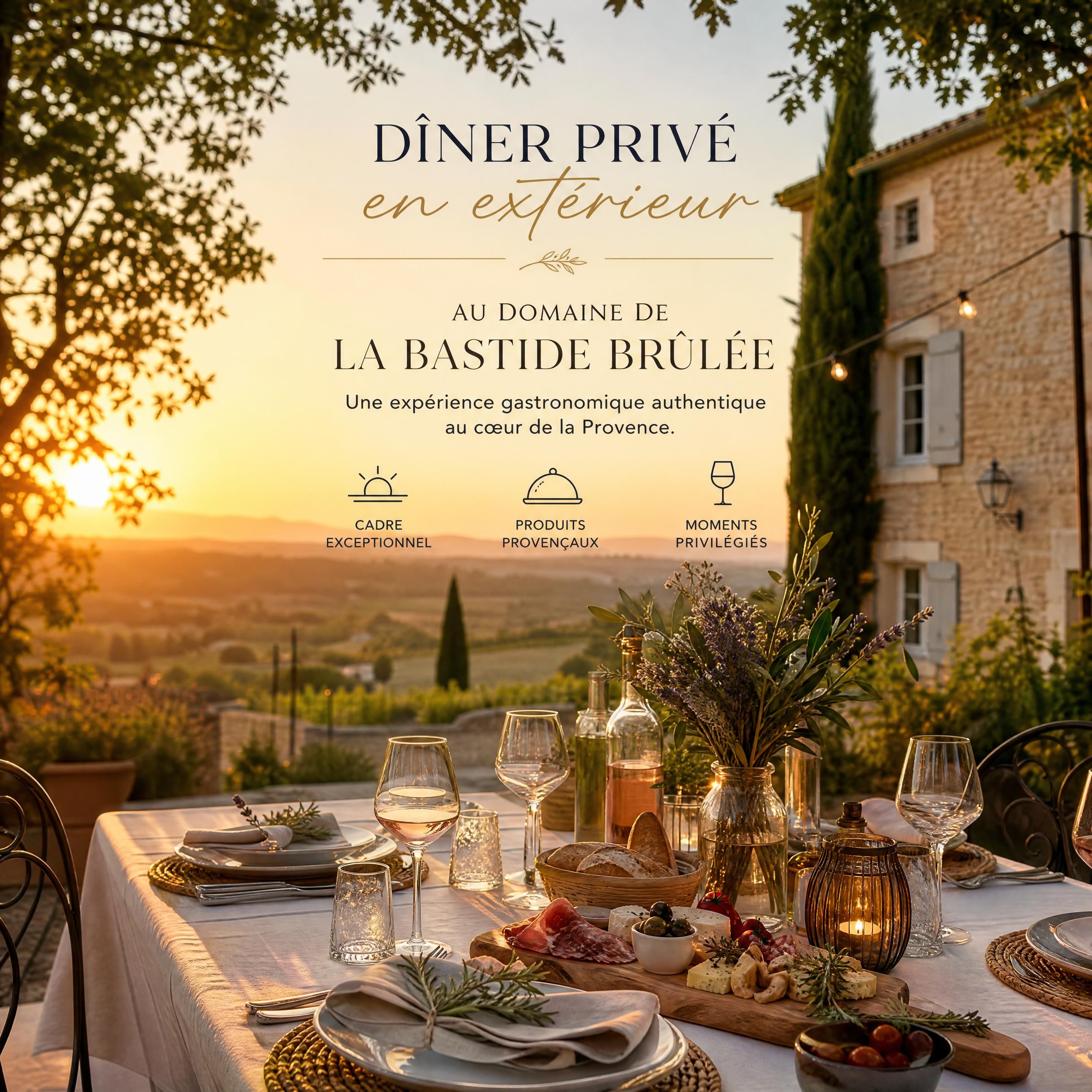 Dîner privé en extérieur au Domaine de La Bastide Brûlée, table élégante dressée avec produits provençaux et lumière chaude du coucher de soleil