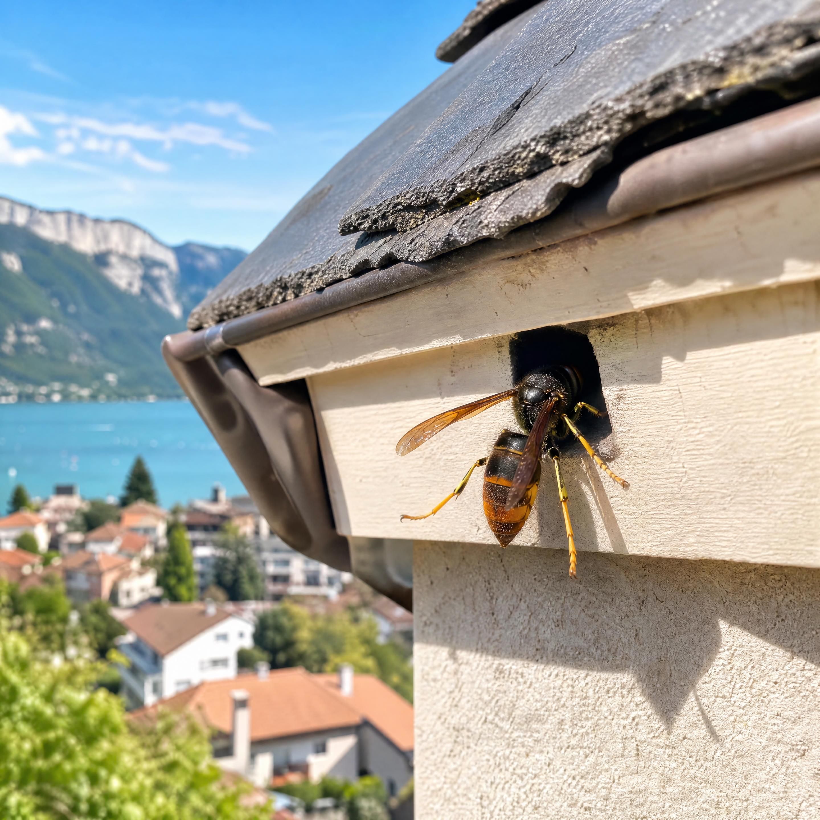 Frelon asiatique à pattes jaunes entrant dans une ouverture sous la toiture d’une maison à Annecy, scène réaliste sans personne ni texte