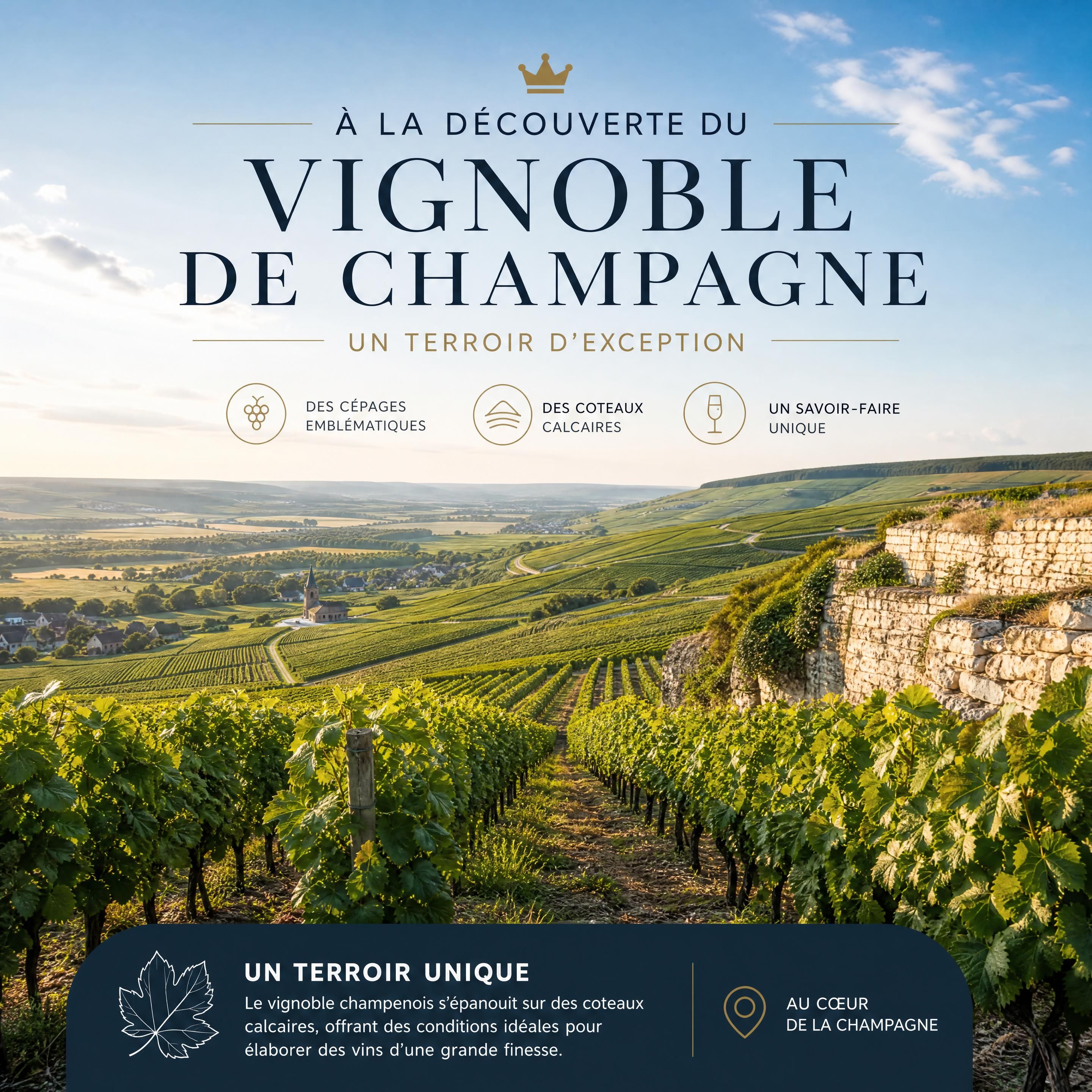paysage officiel de vignes champenoises sur coteaux calcaires, avec rangs de vigne et horizon de Champagne