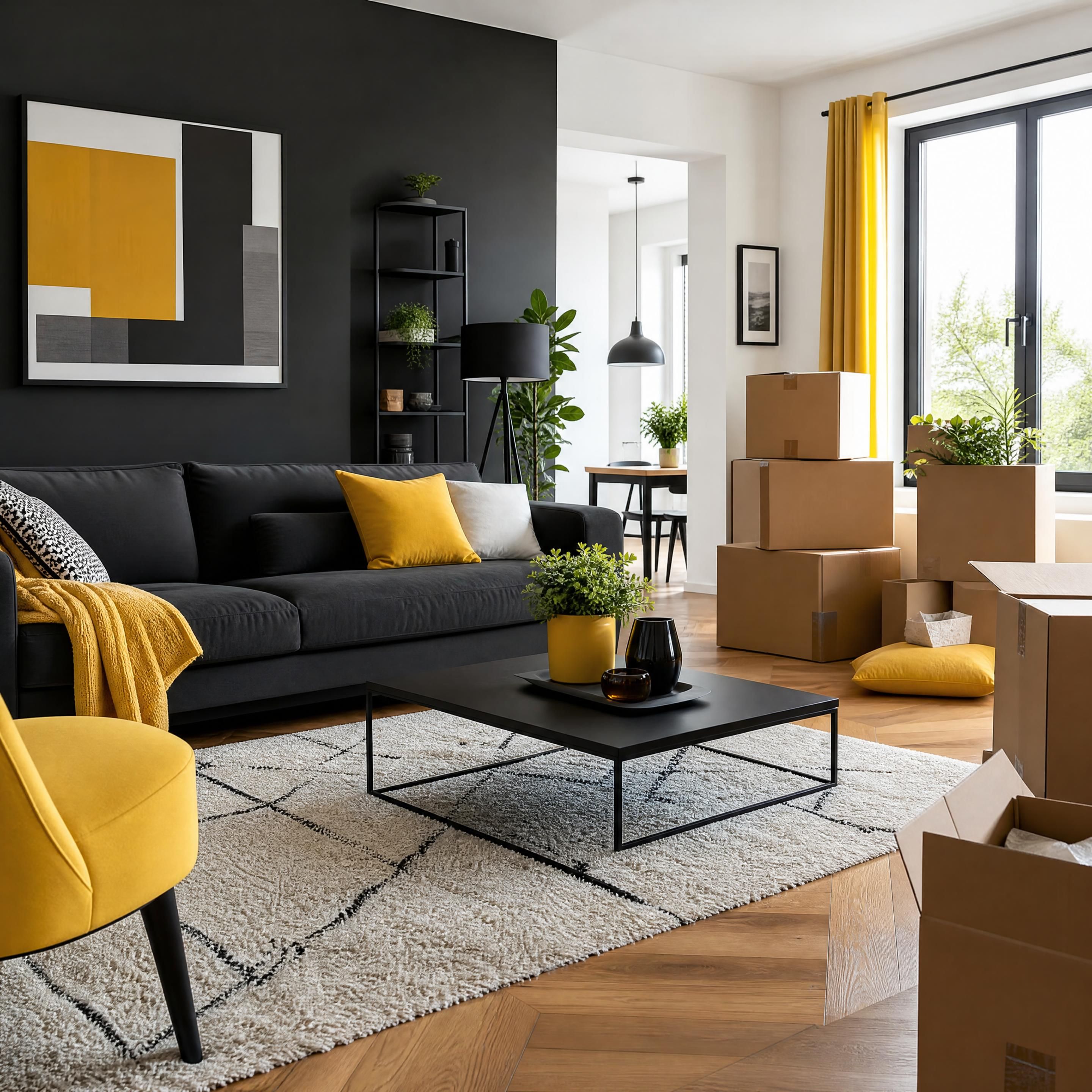 intérieur réaliste d’un appartement avec parquet, tapis, canapé et cartons de déménagement, sans personne ni animal, couleurs noir anthracite jaune et blanc, aucun texte