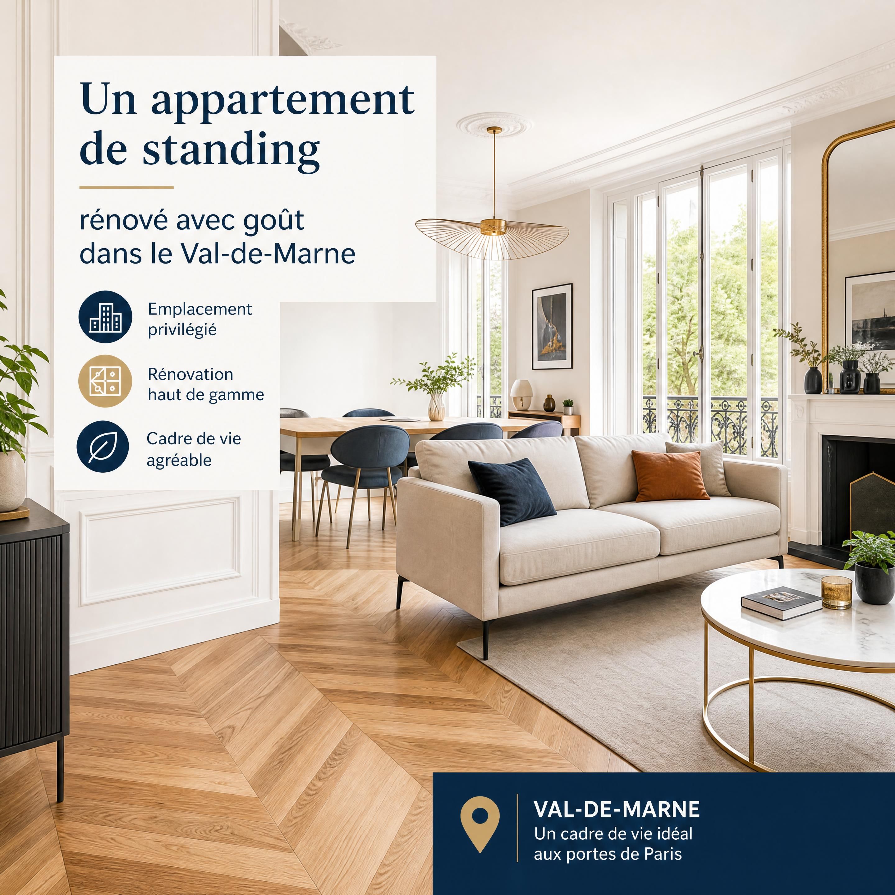 Intérieur lumineux d'un appartement de standing rénové avec goût dans le Val-de-Marne, parquet point de Hongrie et grandes fenêtres