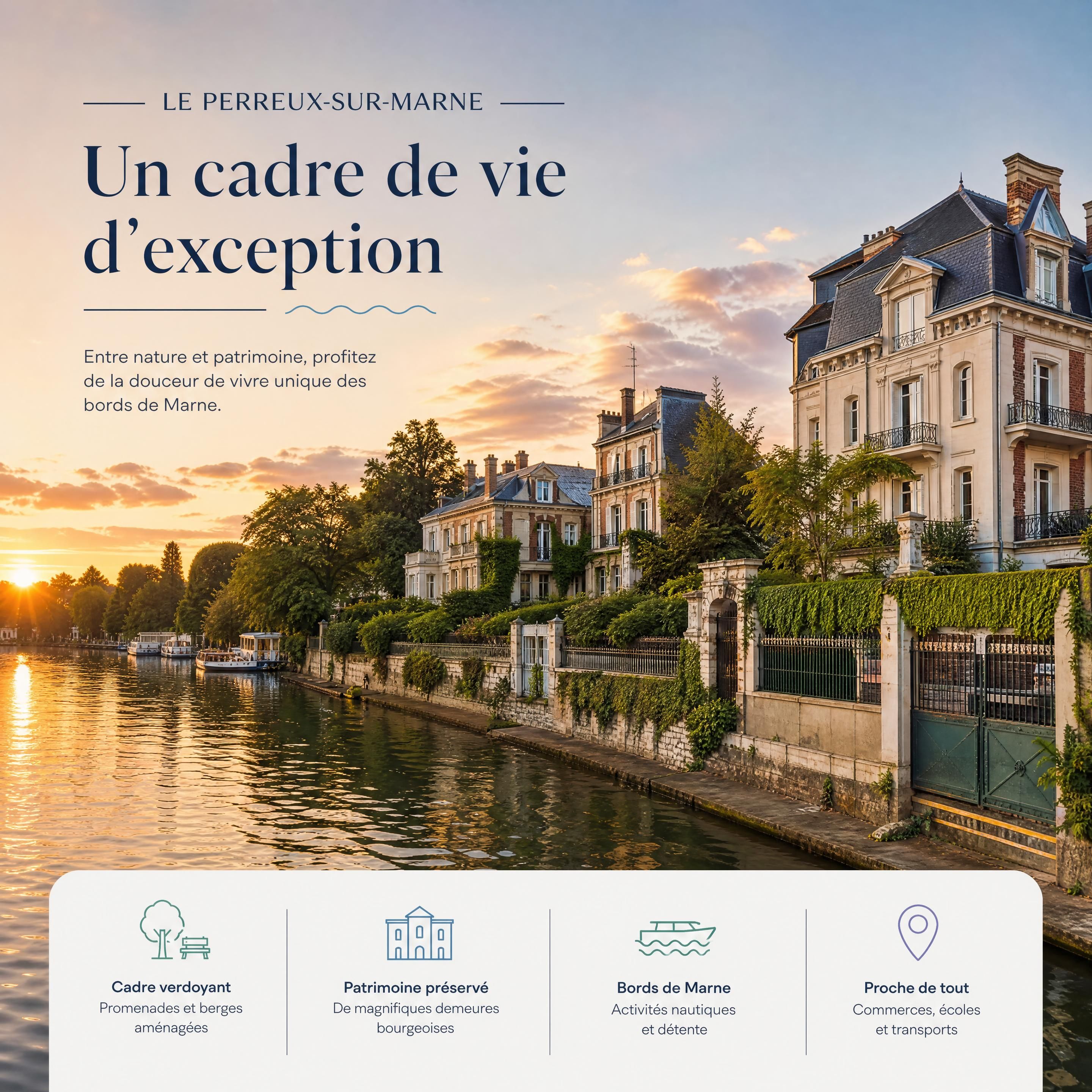 Vue panoramique sur les bords de Marne au Perreux-sur-Marne avec de magnifiques demeures bourgeoises en fin de journée