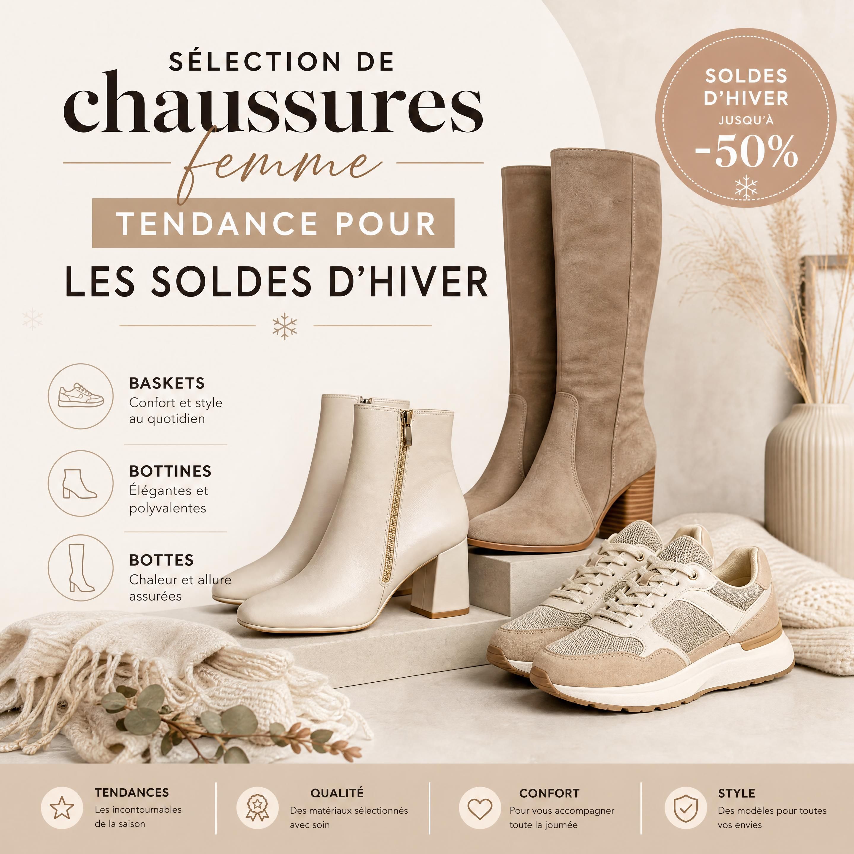 Sélection de chaussures femme tendance pour les soldes d’hiver, avec baskets, bottines et bottes dans des tons neutres