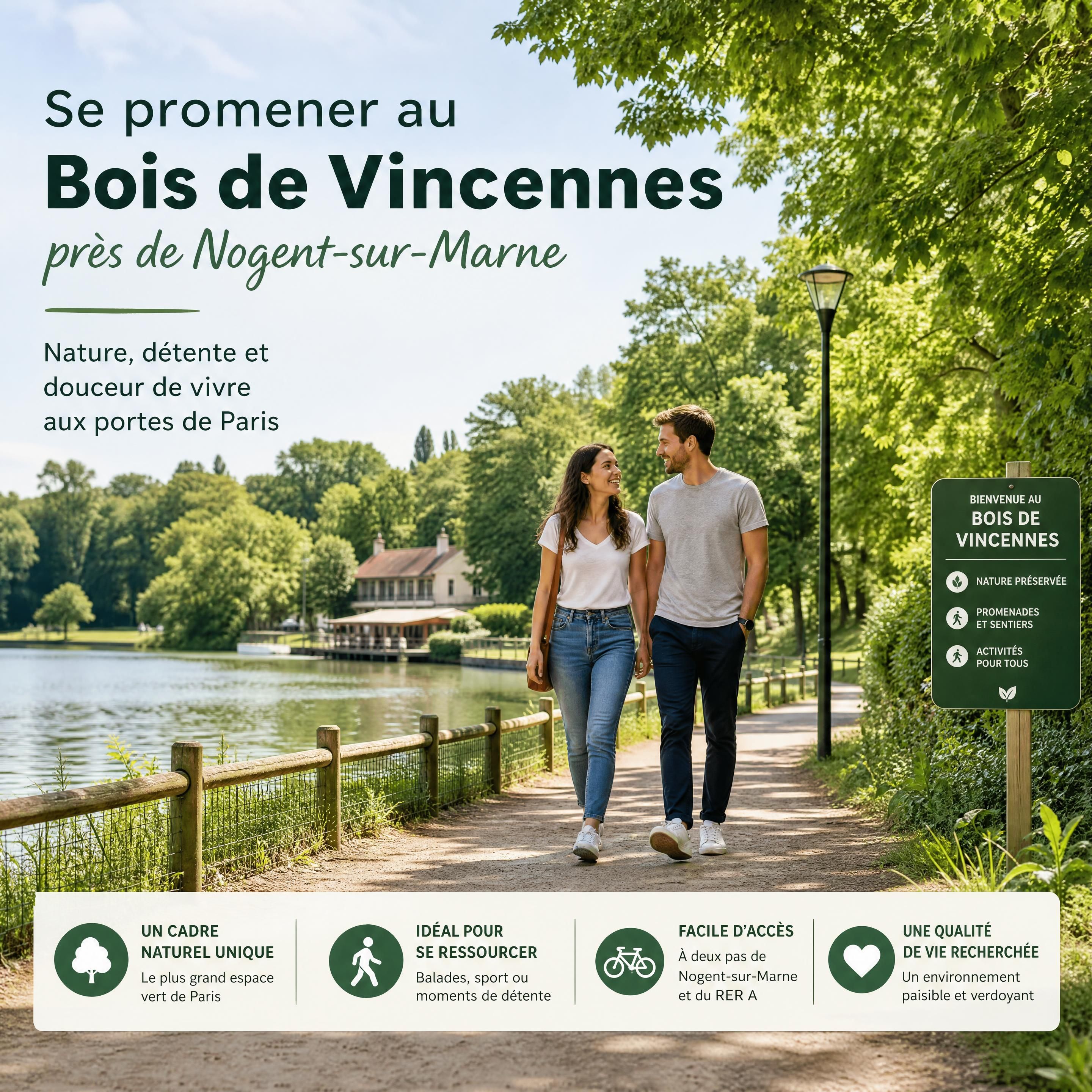 Jeune couple se promenant le long du Bois de Vincennes près de Nogent-sur-Marne, cadre verdoyant et paisible