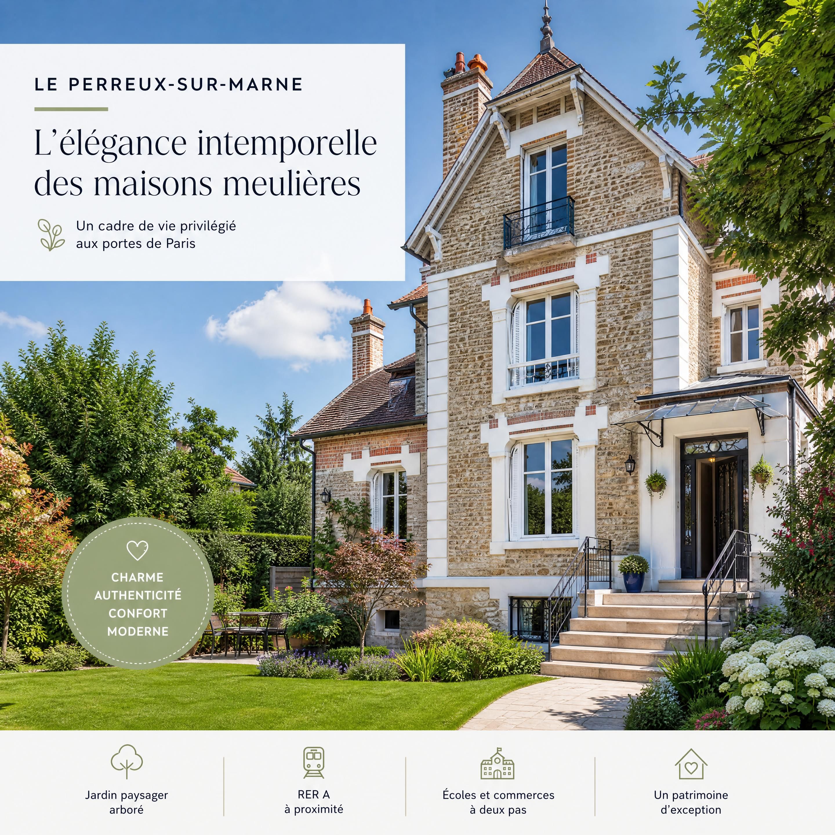 Une magnifique maison de maître d'architecture meulière typique de l'Est Parisien avec jardin paysager au Perreux-sur-Marne