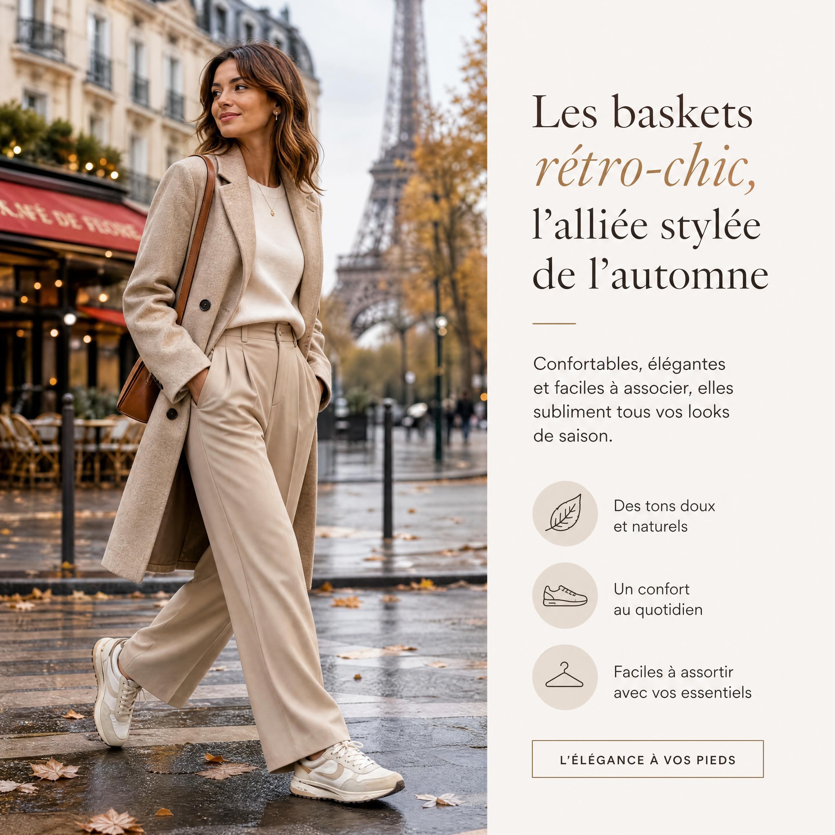 Une femme élégante portant des baskets running rétro-chic de couleur crème avec un pantalon de tailleur beige fluide dans les rues de Paris en automne