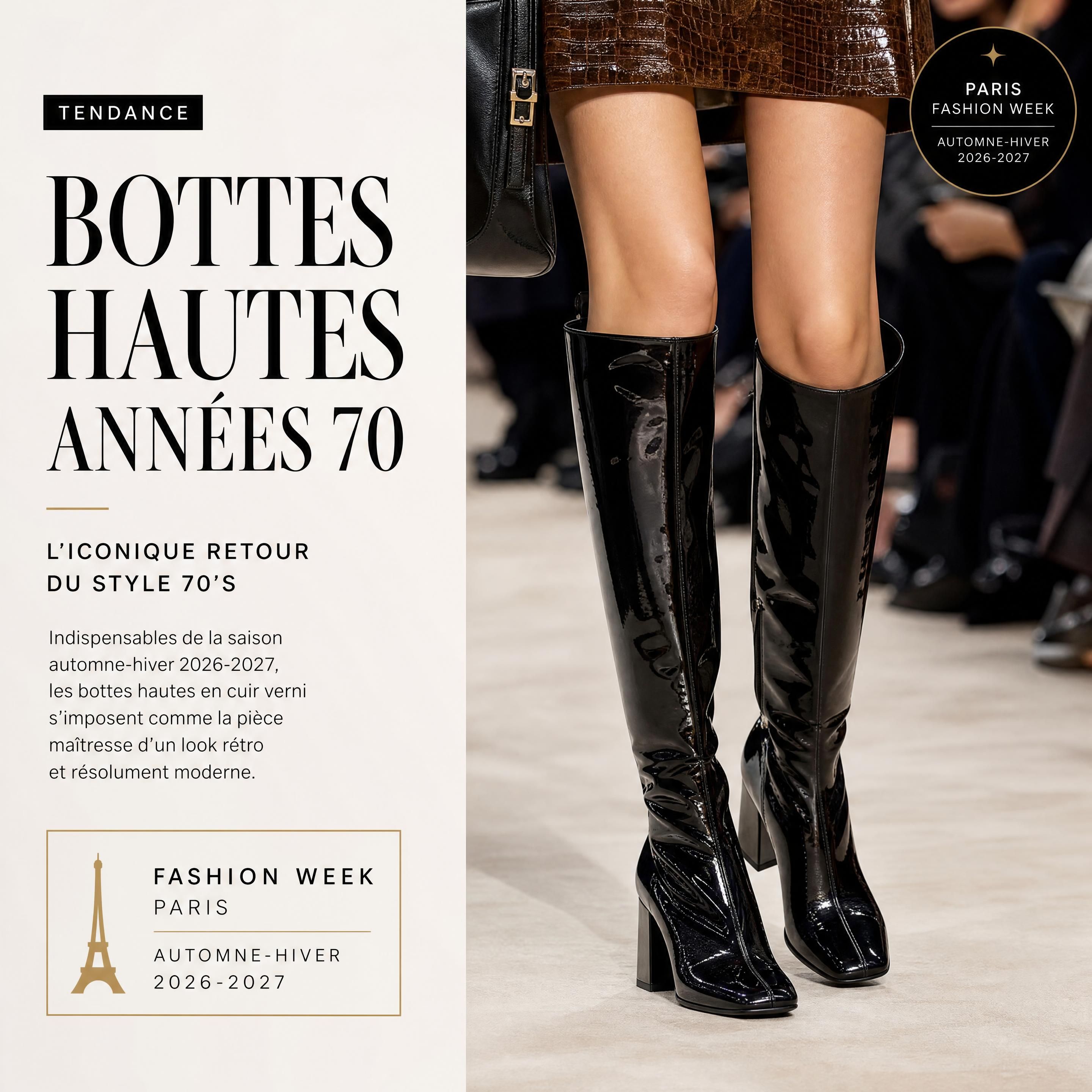 Une paire de bottes hautes noires en cuir verni de style années 70 avec un talon carré, présentée lors de la Fashion Week d'automne-hiver 2026-2027 à Paris
