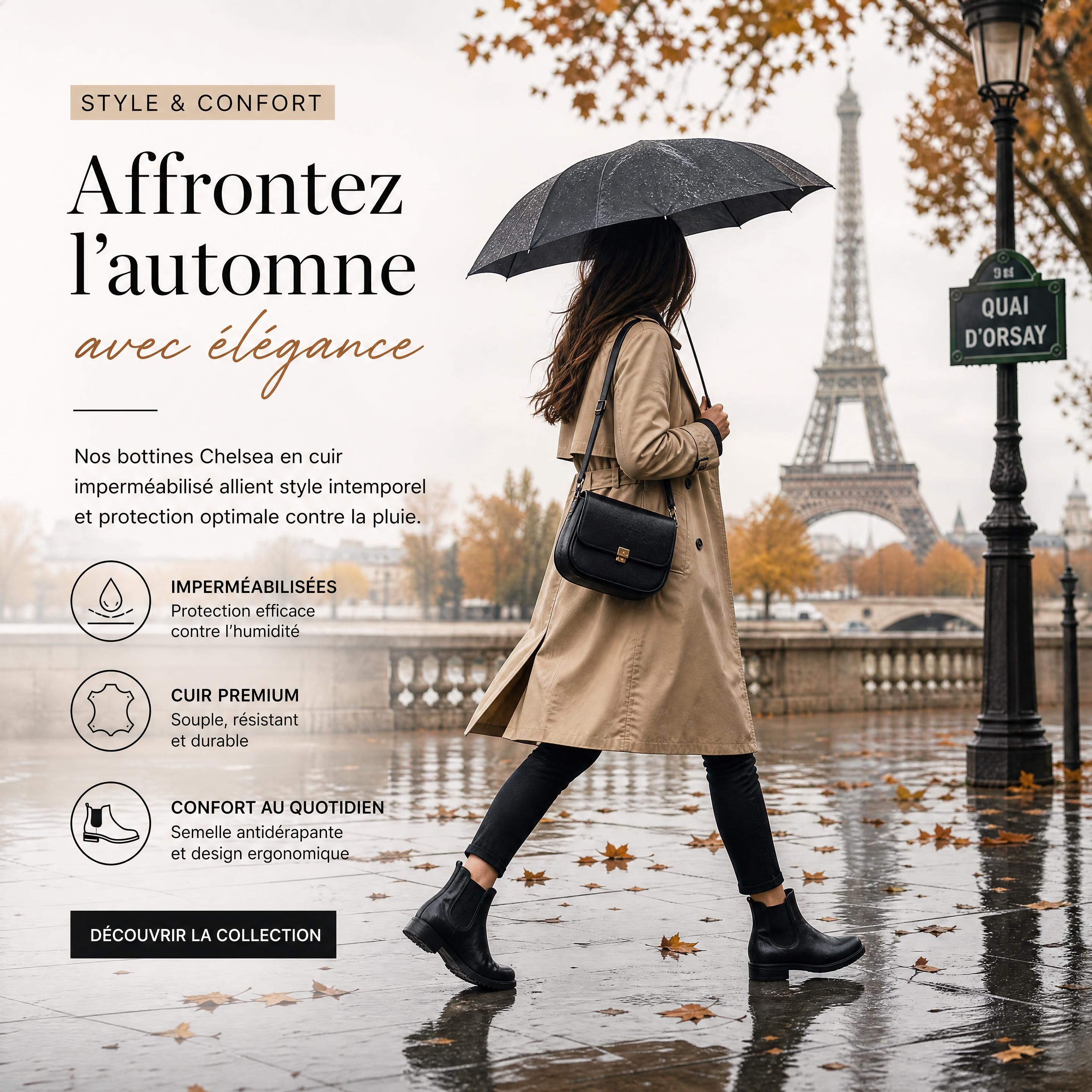 Silhouette féminine élégante marchant sous la pluie d'automne à Paris, portant des bottines chelsea en cuir imperméabilisé et un trench-coat classique