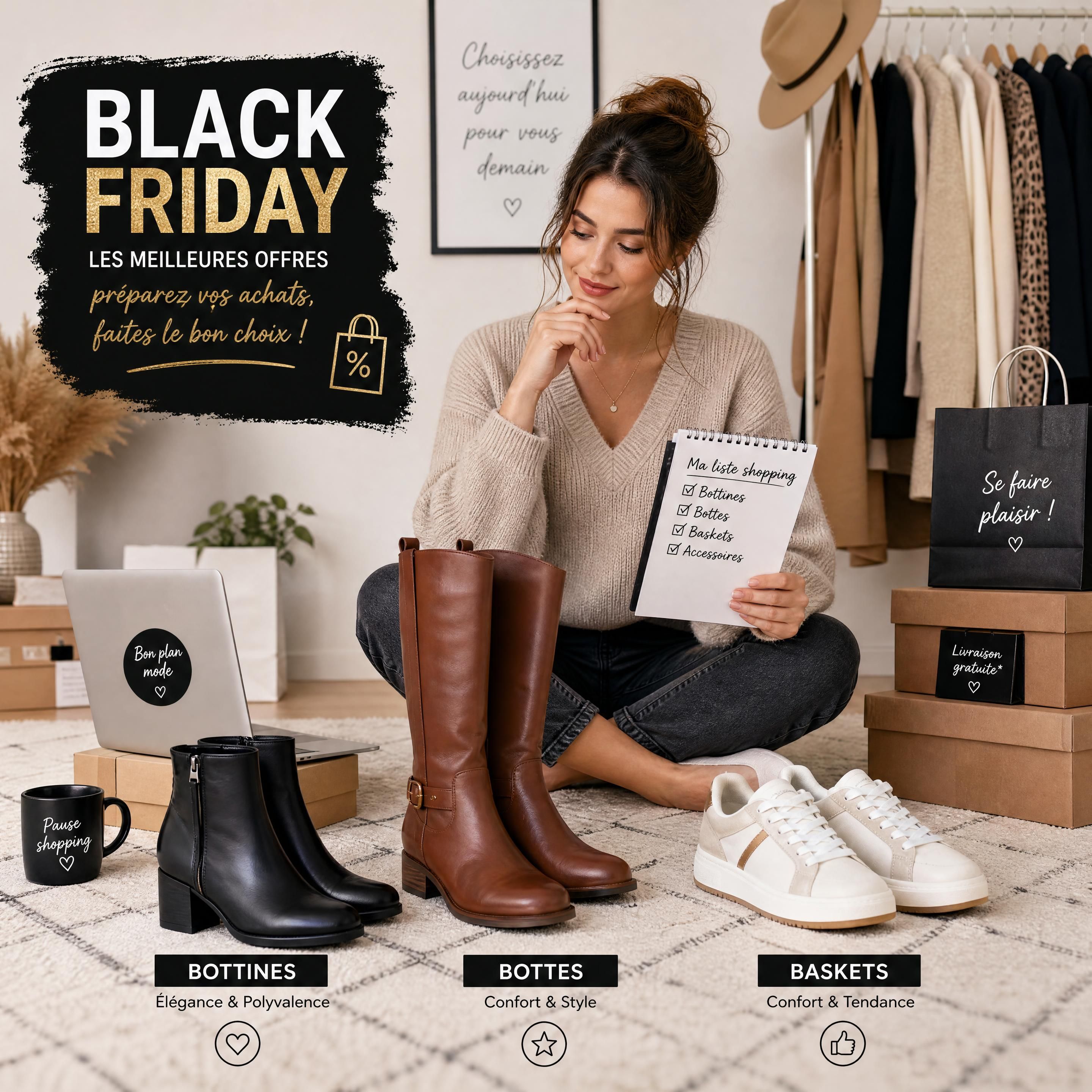 Femme comparant des bottines, bottes et baskets femme avant ses achats Black Friday