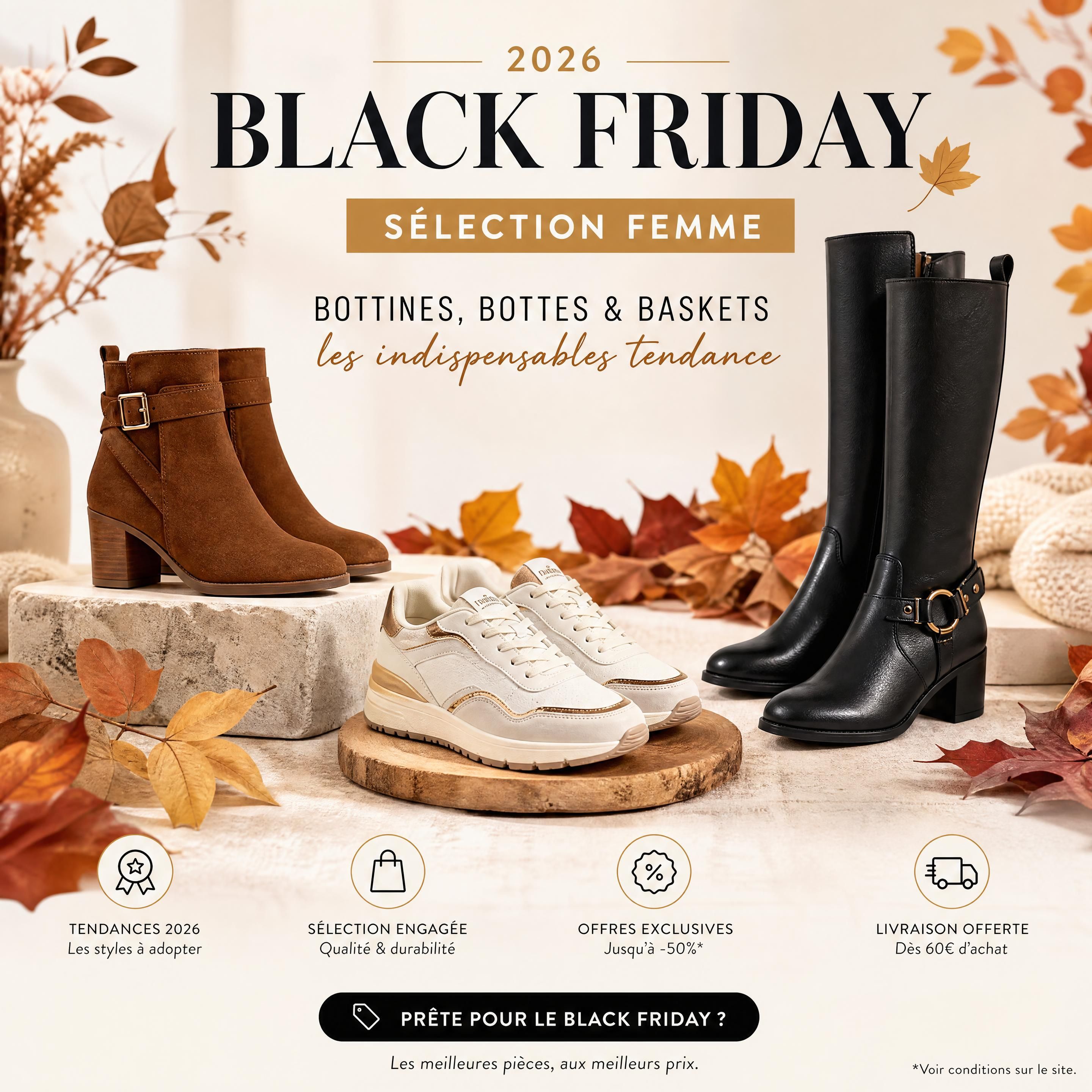 Sélection de bottines, bottes et baskets femme tendance pour le Black Friday 2026, présentées dans un décor automnal élégant