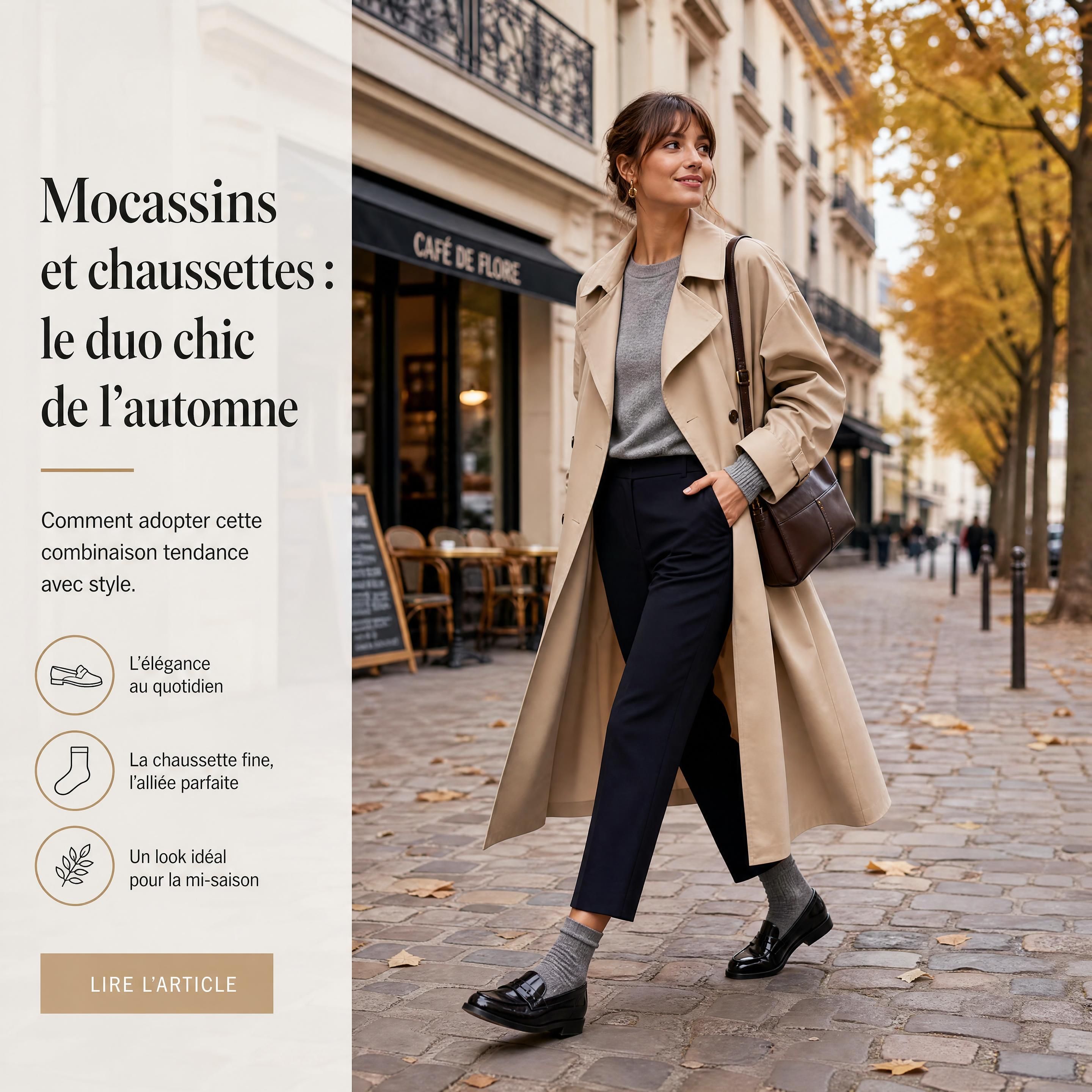 Une femme élégante marchant dans une rue pavée parisienne en automne, portant des mocassins en cuir verni noir avec de fines chaussettes grises apparentes, un pantalon 7/8 et un trench-coat fluide.