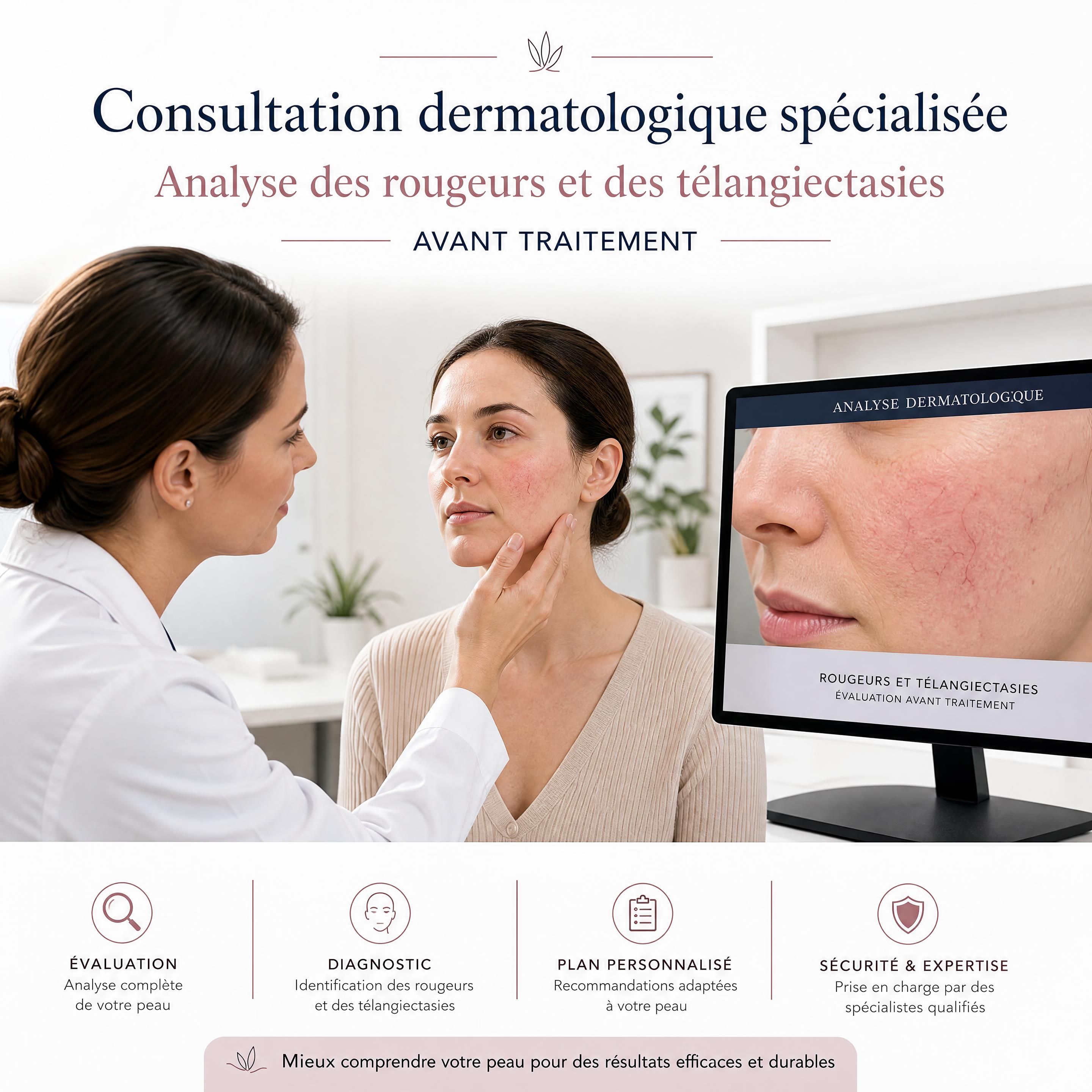 Consultation dermatologique spécialisée avec analyse des rougeurs et des télangiectasies avant traitement