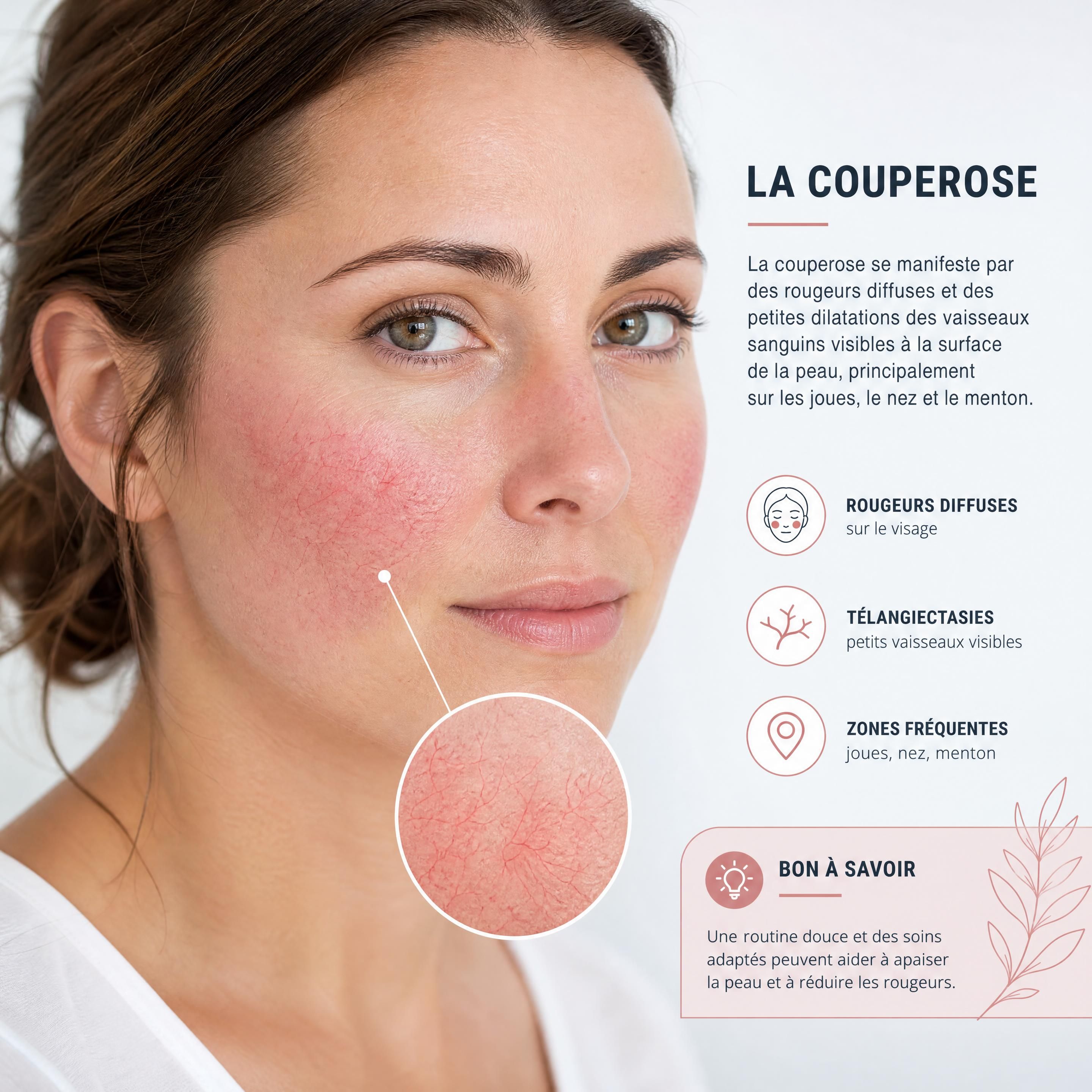 Visage présentant une couperose avec rougeurs diffuses et petites télangiectasies sur les joues