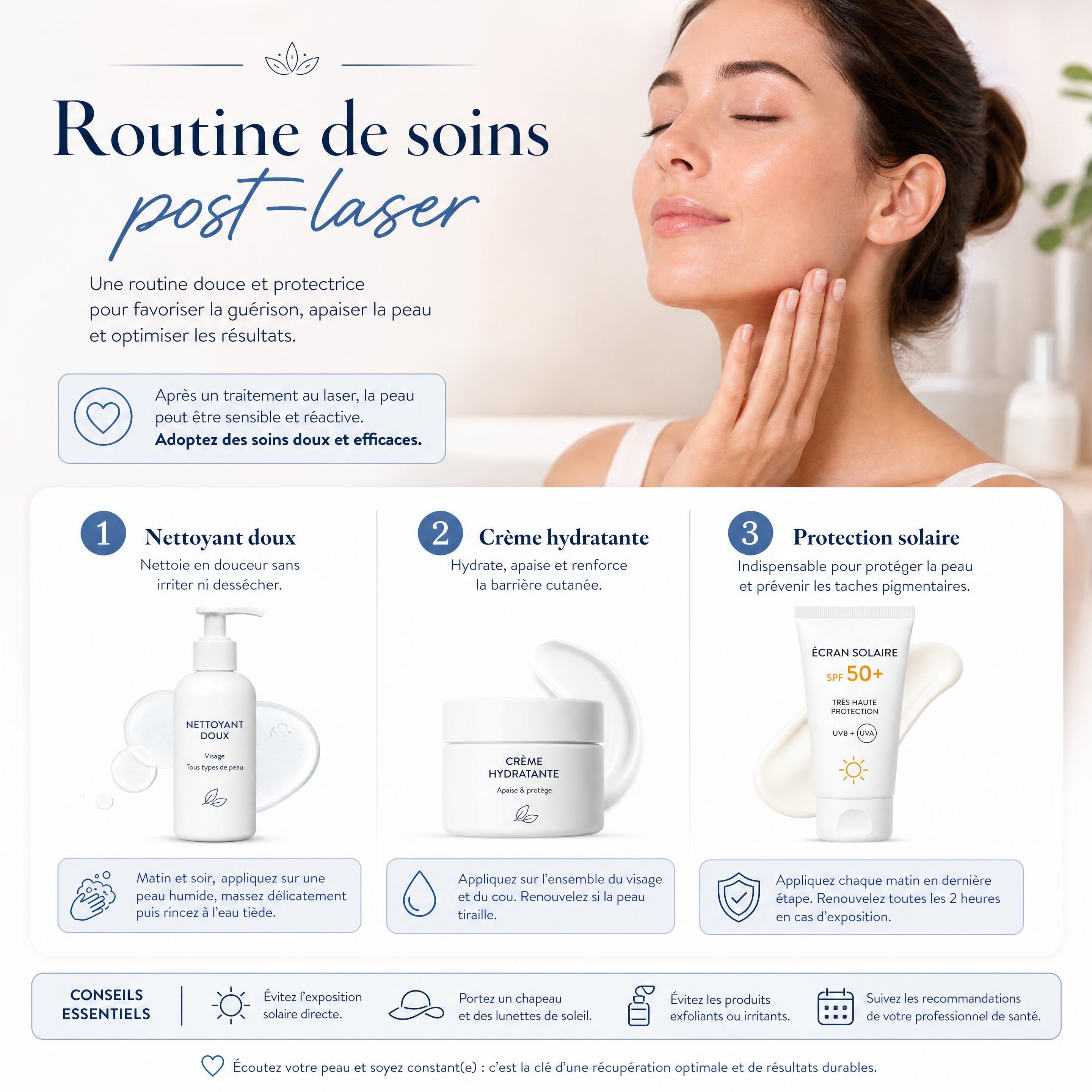 Routine de soins post-laser avec nettoyant doux, crème hydratante et protection solaire