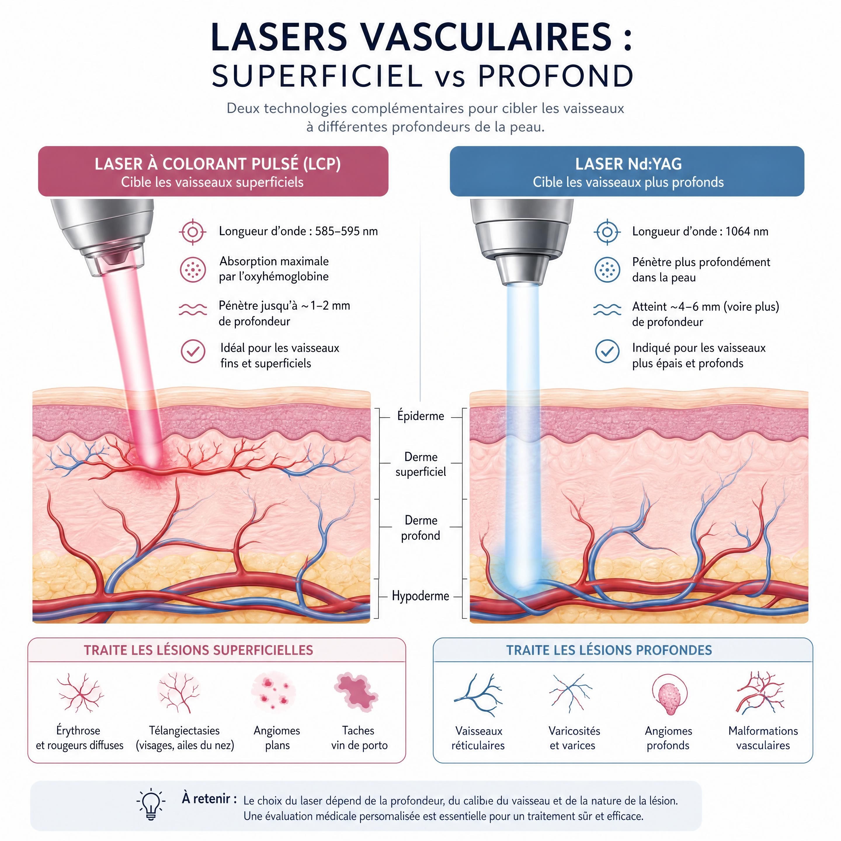Schéma pédagogique comparant les vaisseaux superficiels ciblés par un laser à colorant pulsé et les vaisseaux plus profonds pouvant relever d’un laser Nd:YAG